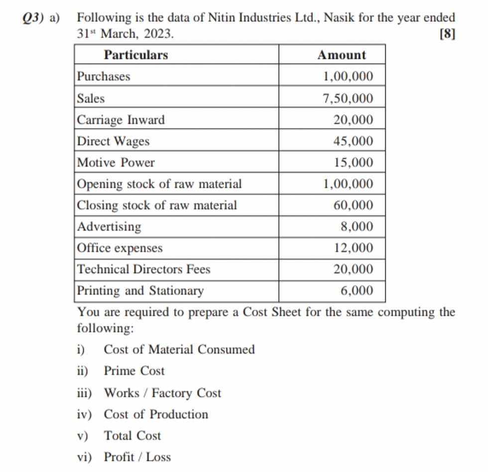 Q3) a) Following is the data of Nitin Industries Ltd., Nasik for the y