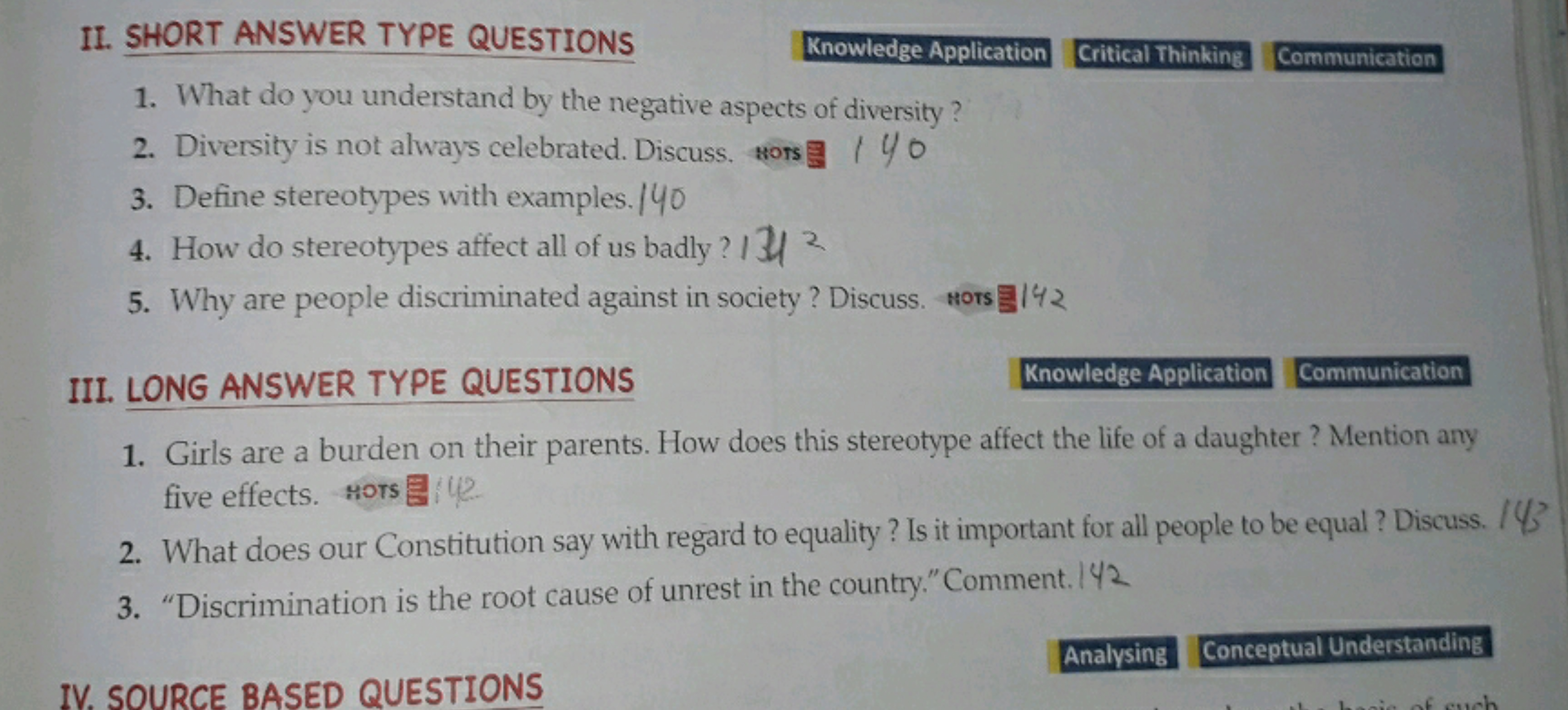 II. SHORT ANSWER TYPE QUESTIONS
Knowledge Application
Critical Thinkin