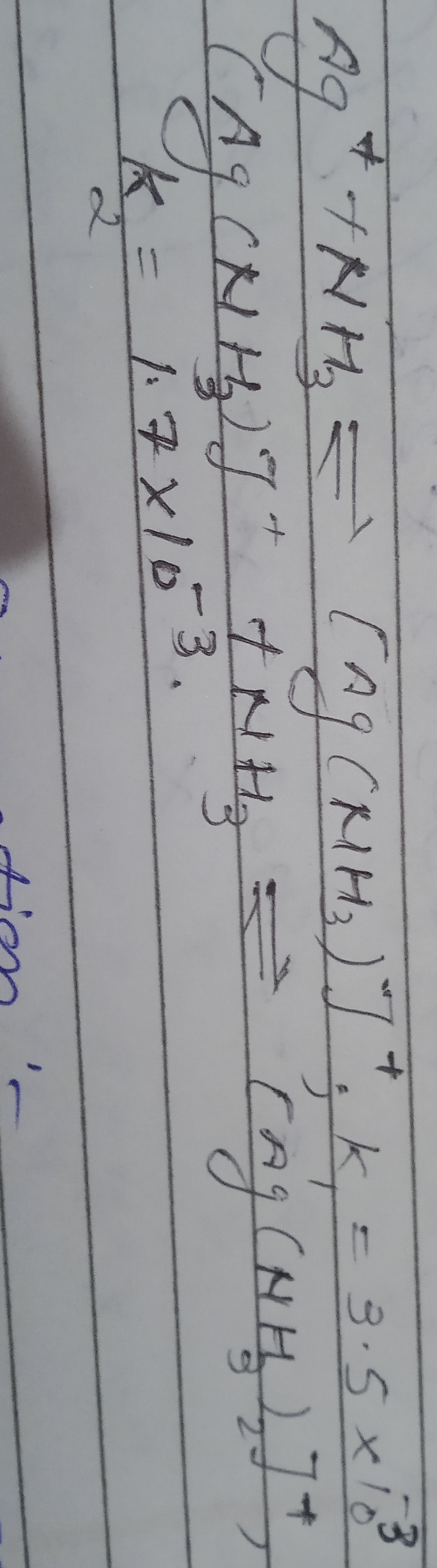 Ag++NH3​=[Ag(MH3​)]+;K1​=3.5×10−3(Ag(NH3​)]++NH3​⇌[Ag(NH3​)2​]+,K2​=1.