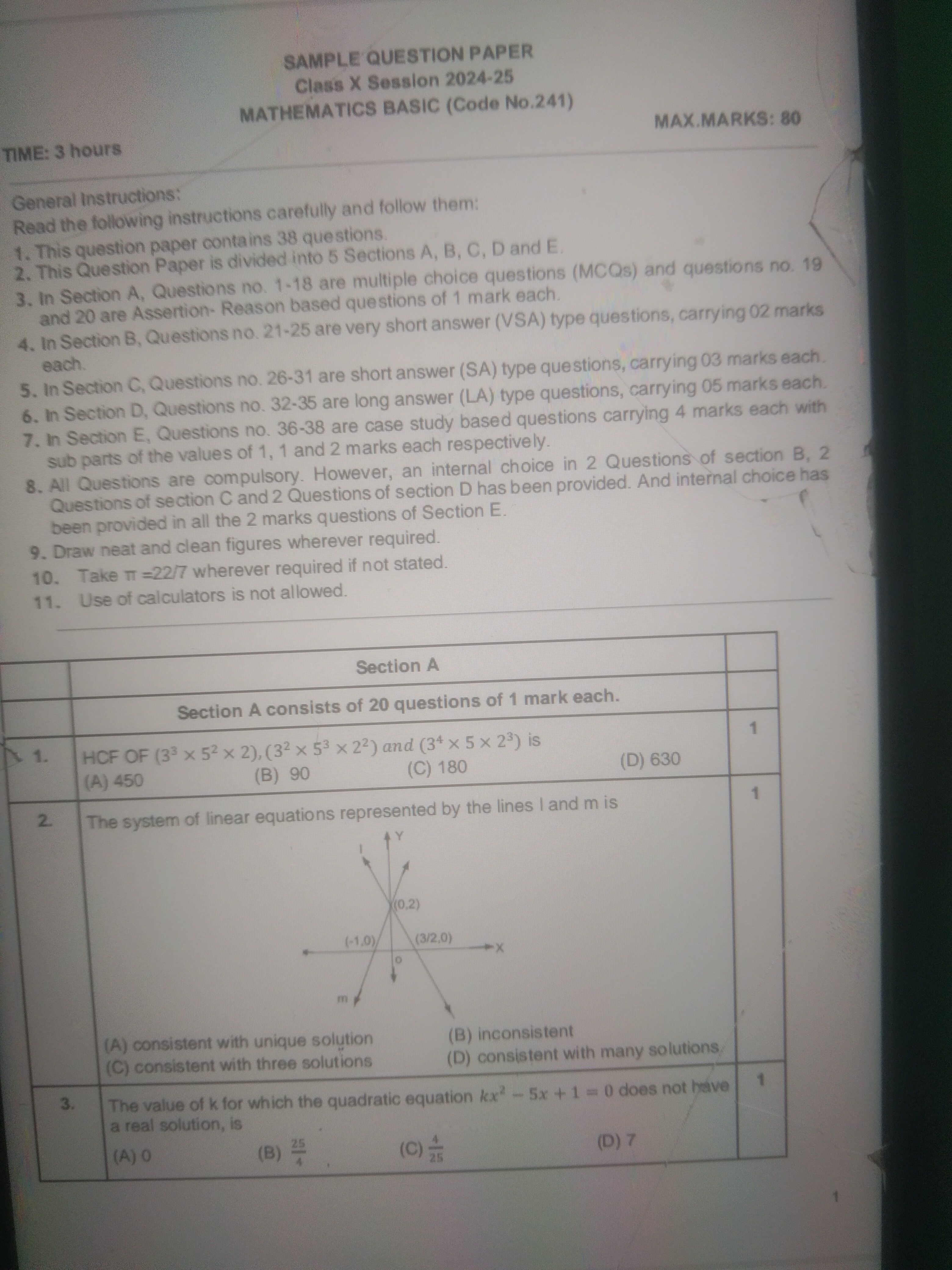 TIME: 3 hours
General Instructions:
SAMPLE QUESTION PAPER
Class X Sess