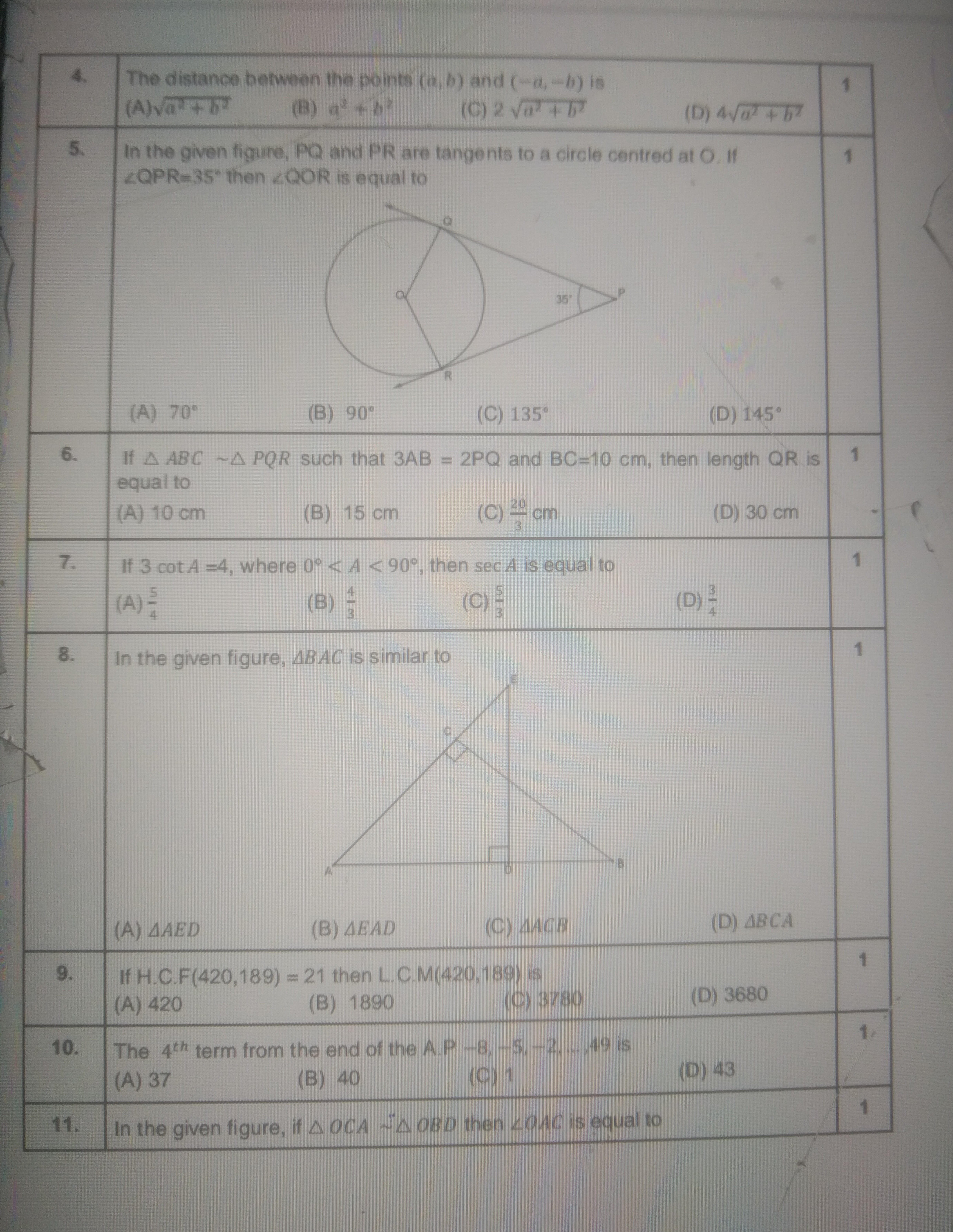 6.
4.
5.
The distance between the points (a, b) and (-a,-b) is
(A)√a+b