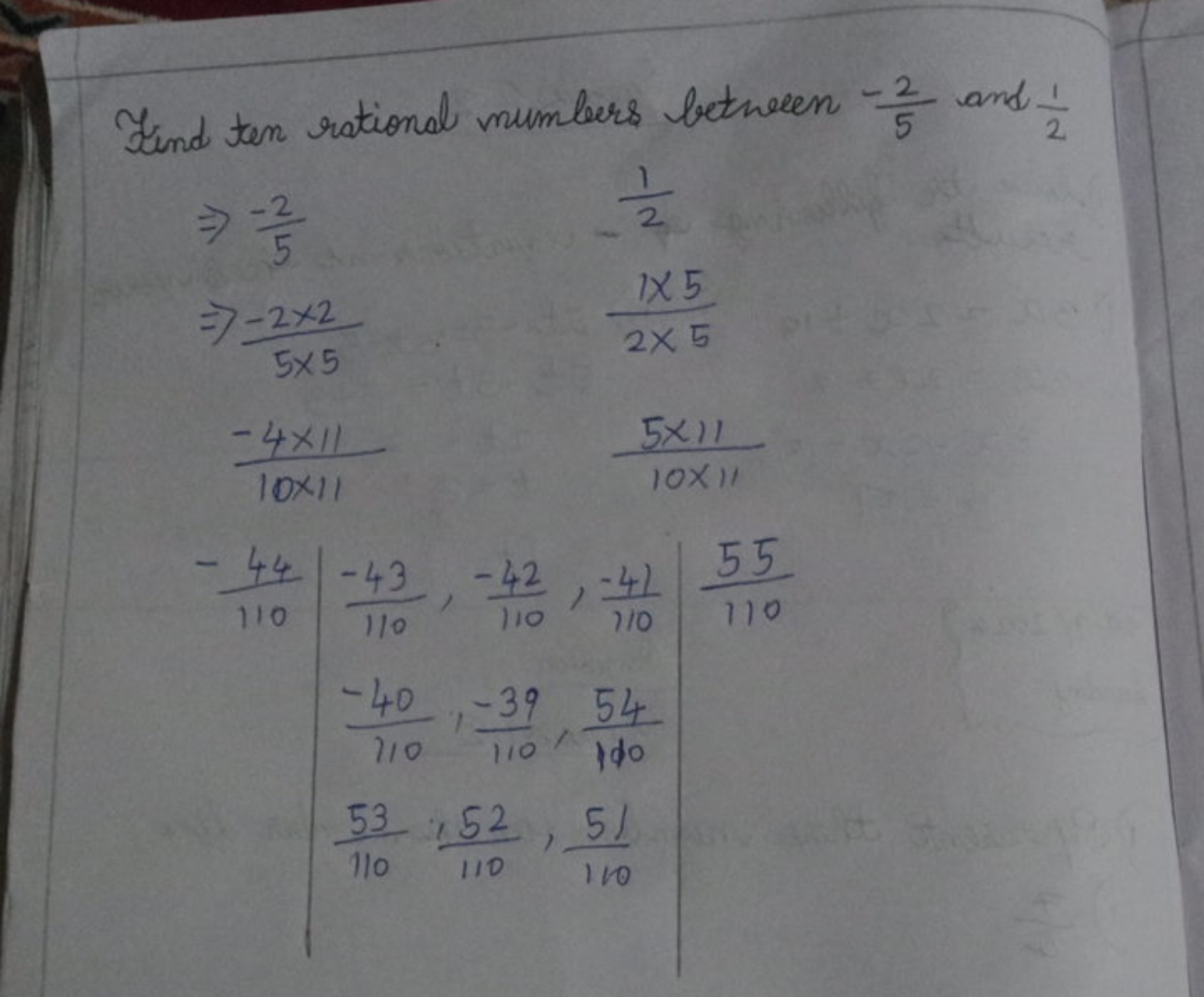 Find ten rational numbers between 5−2​ and 21​
⇒5−2​⇒5×5−2×2​10×11−4×1