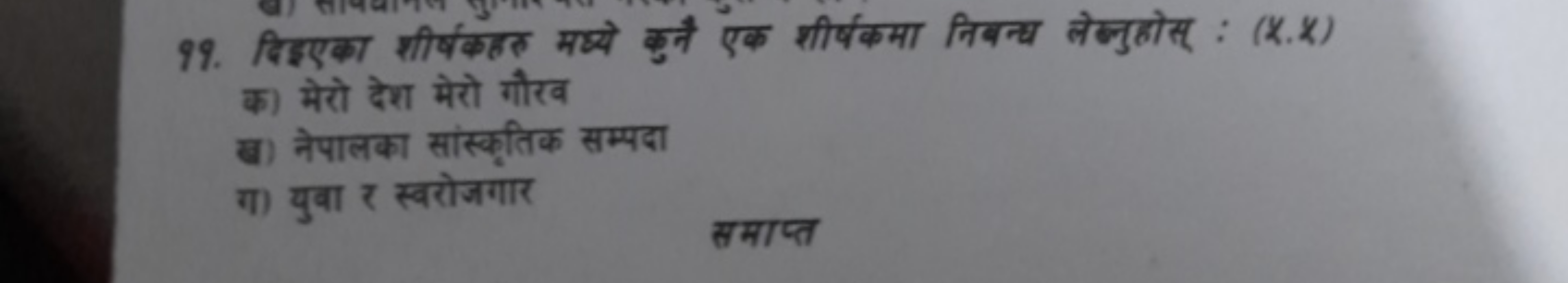 99. दिएएका शीर्षकहल मध्ये कुन्नै एक शीर्षकमा निबन्य लेन्नुहोस् : (x,x)