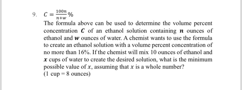 9. C=n+w100n​%

The formula above can be used to determine the volume 