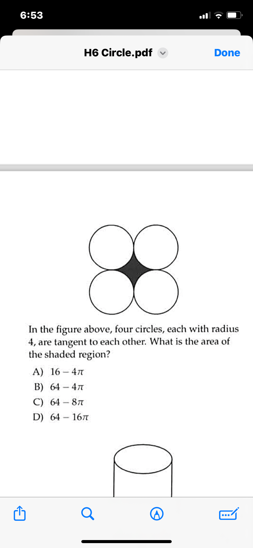 6:53
H6 Circle.pdf
Done

In the figure above, four circles, each with 