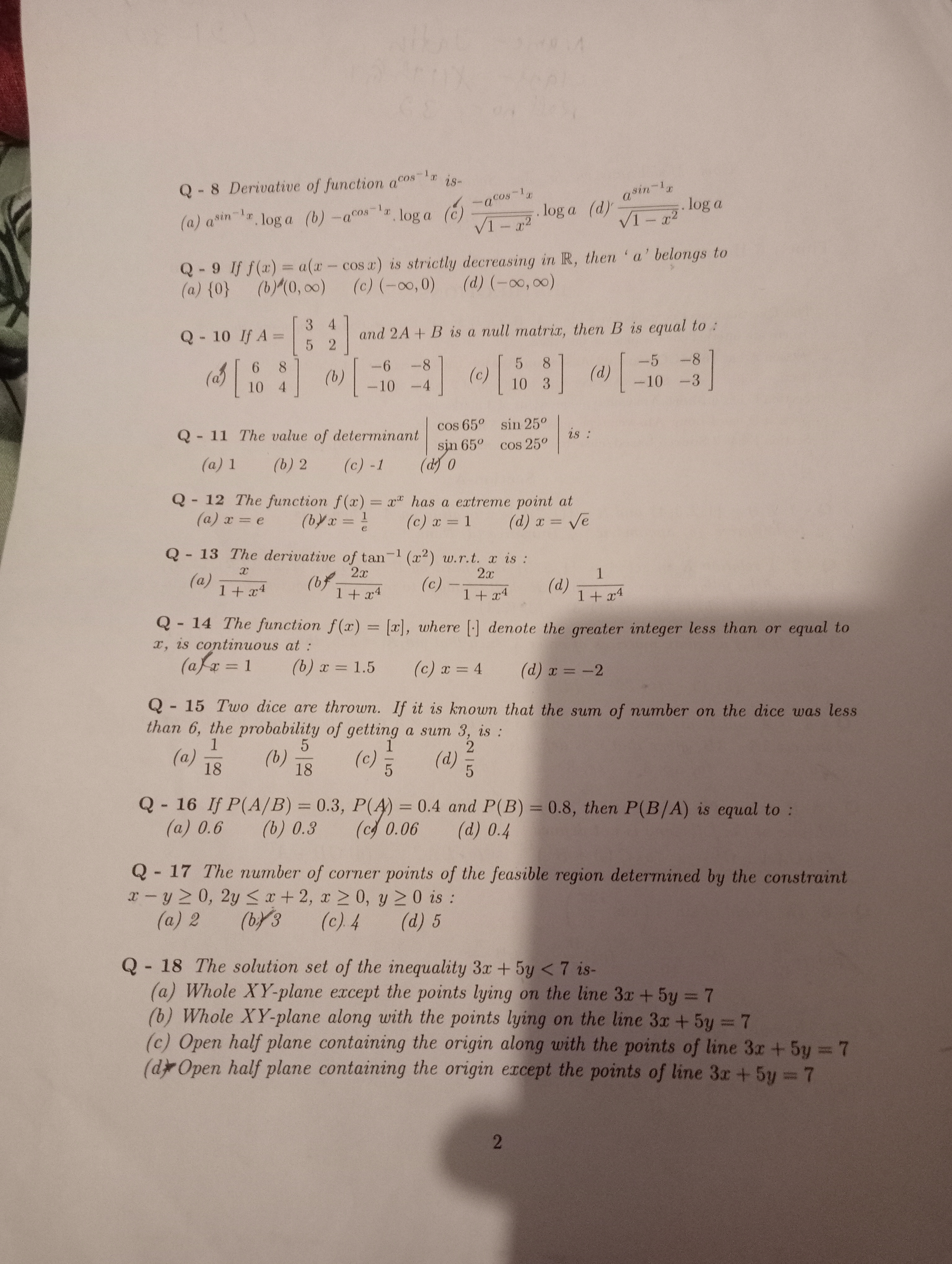 Q-8 Derivative of function acosx is-
(a) asin-1, log a (b)-acos¹r loga