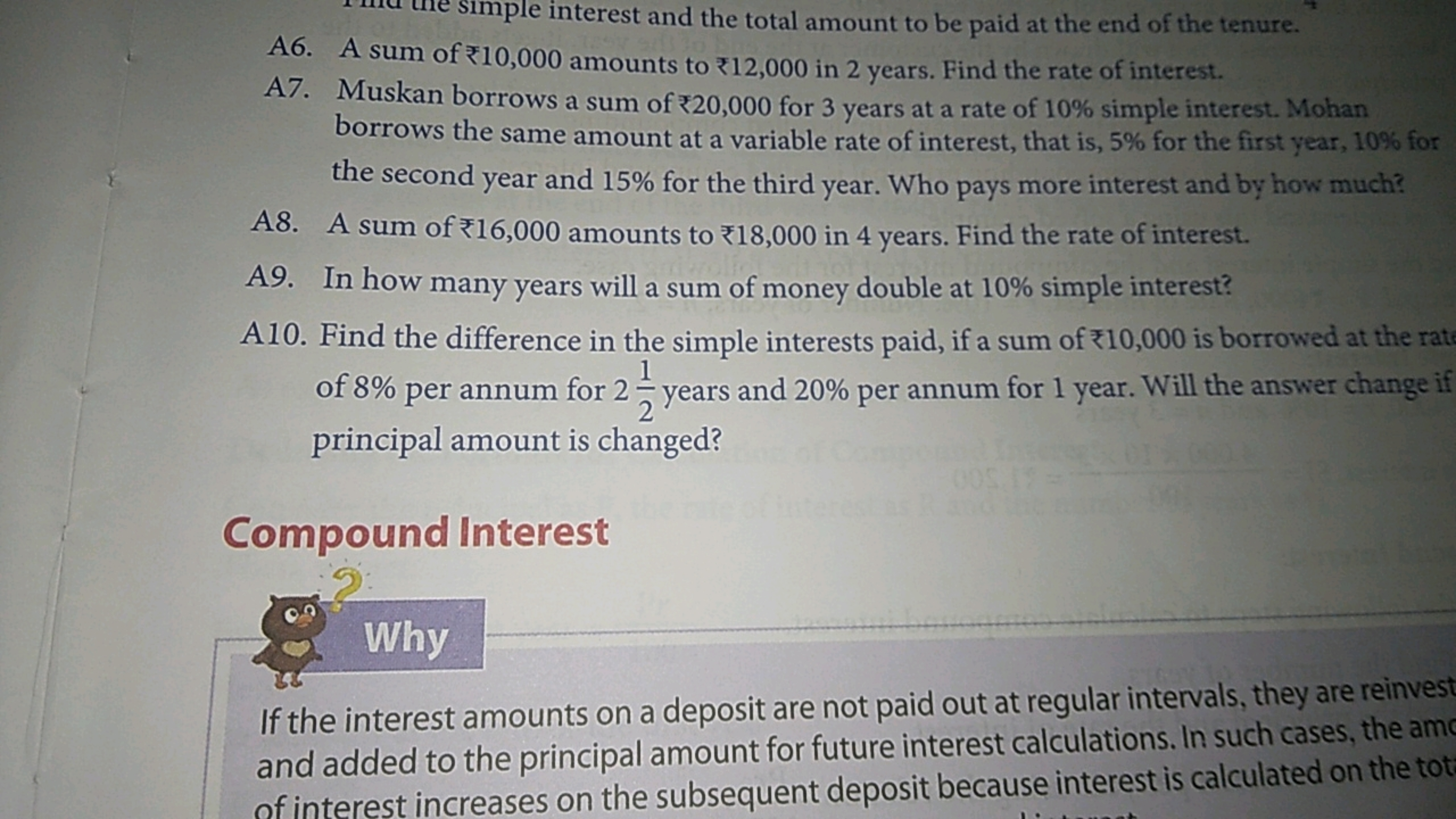 A6. A sum of ₹10,000 amounts to ₹12,000 in 2 years. Find the rate of i