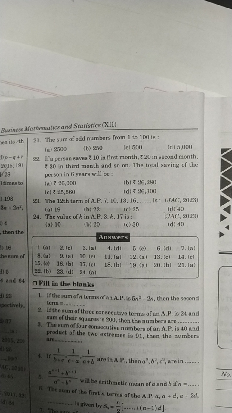 Business Mathematics and Statistics (XII)
21. The sum of odd numbers f