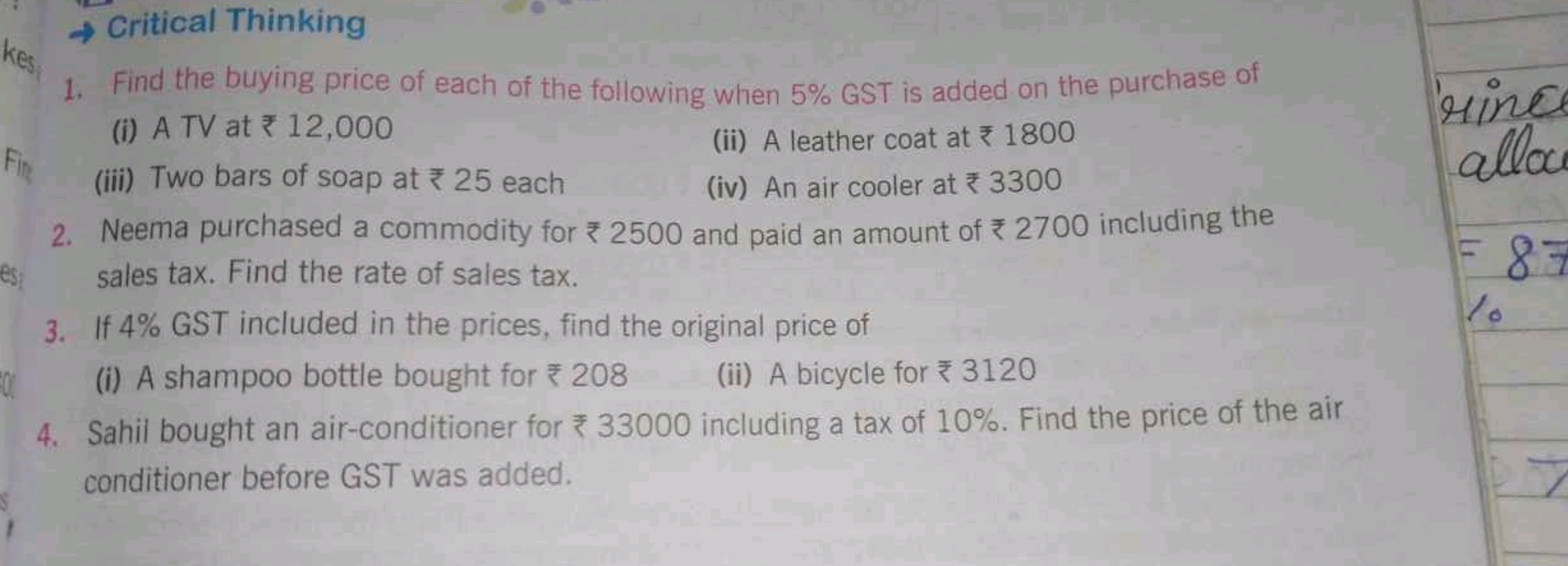 kes
→ Critical Thinking
1. Find the buying price of each of the follow