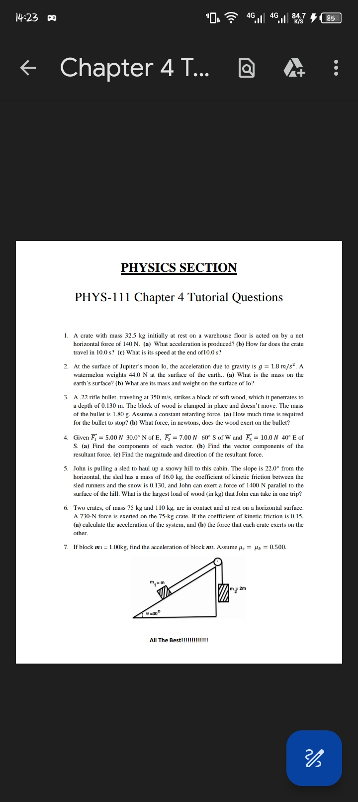 14:23
リ
1,
HG
AG
84.7
85
← Chapter 4 T...

PHYSICS SECTION
PHYS-111 Ch