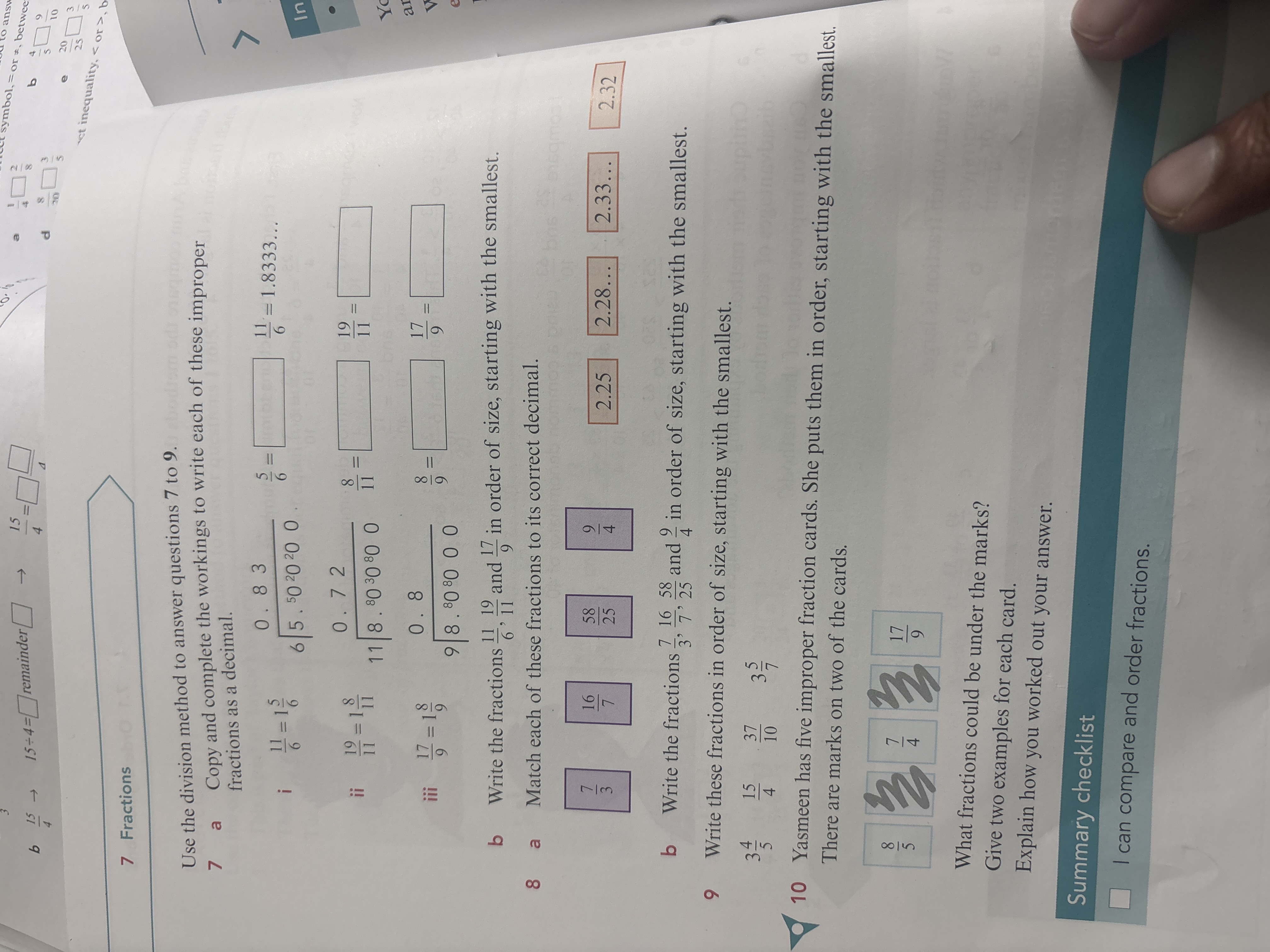 b 415​→15÷4=□ remainder □→415​=□4□​
7 Fractions

Use the division meth