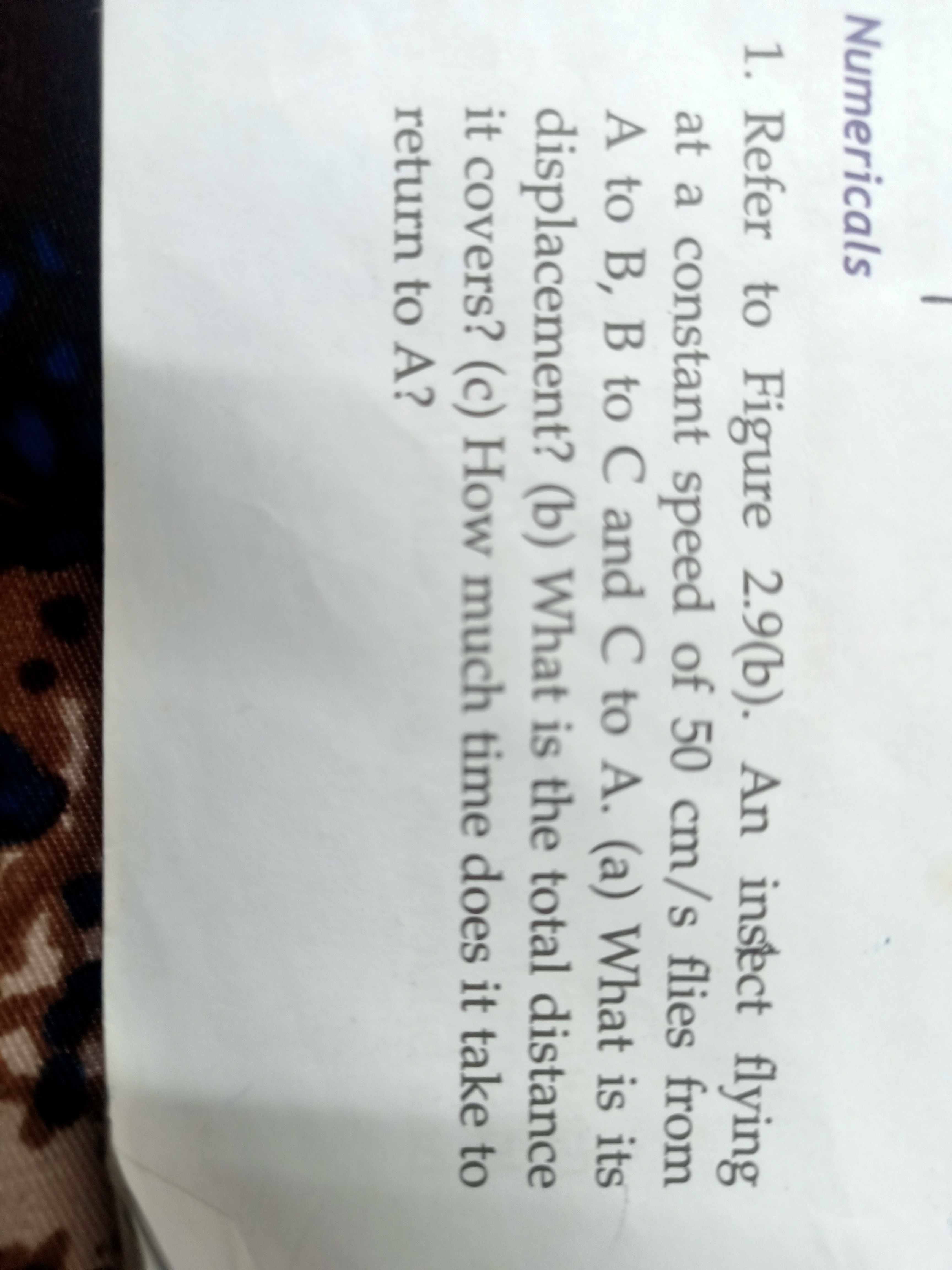 Numericals
1. Refer to Figure 2.9(b). An insect flying
at a constant s