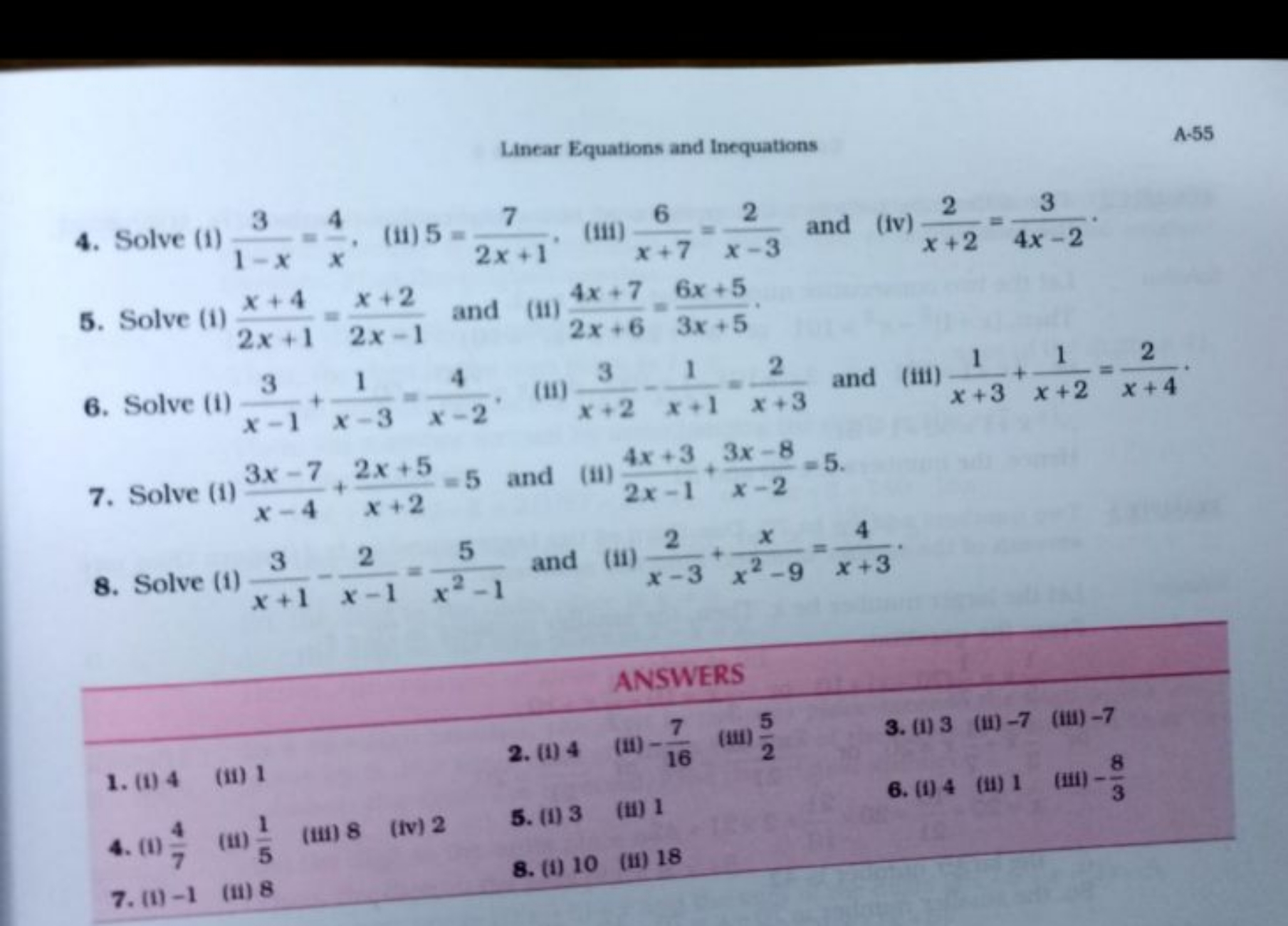 Linear Equations and Inequations
A. 55
4. Solve (1) 1−x3​=x4​,
(ii) 5=