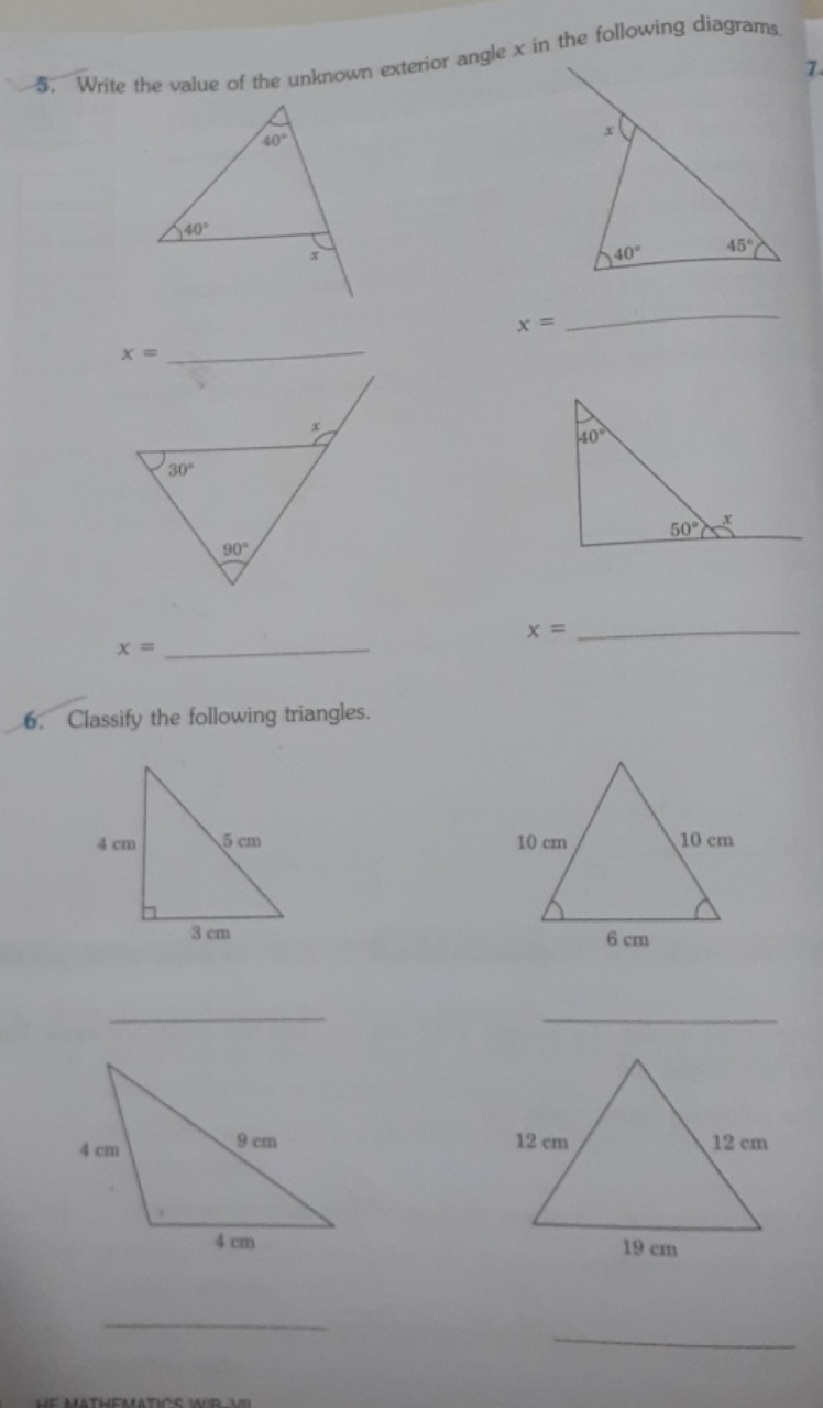 5. Write the value of the unknown exterior angle x in the following di