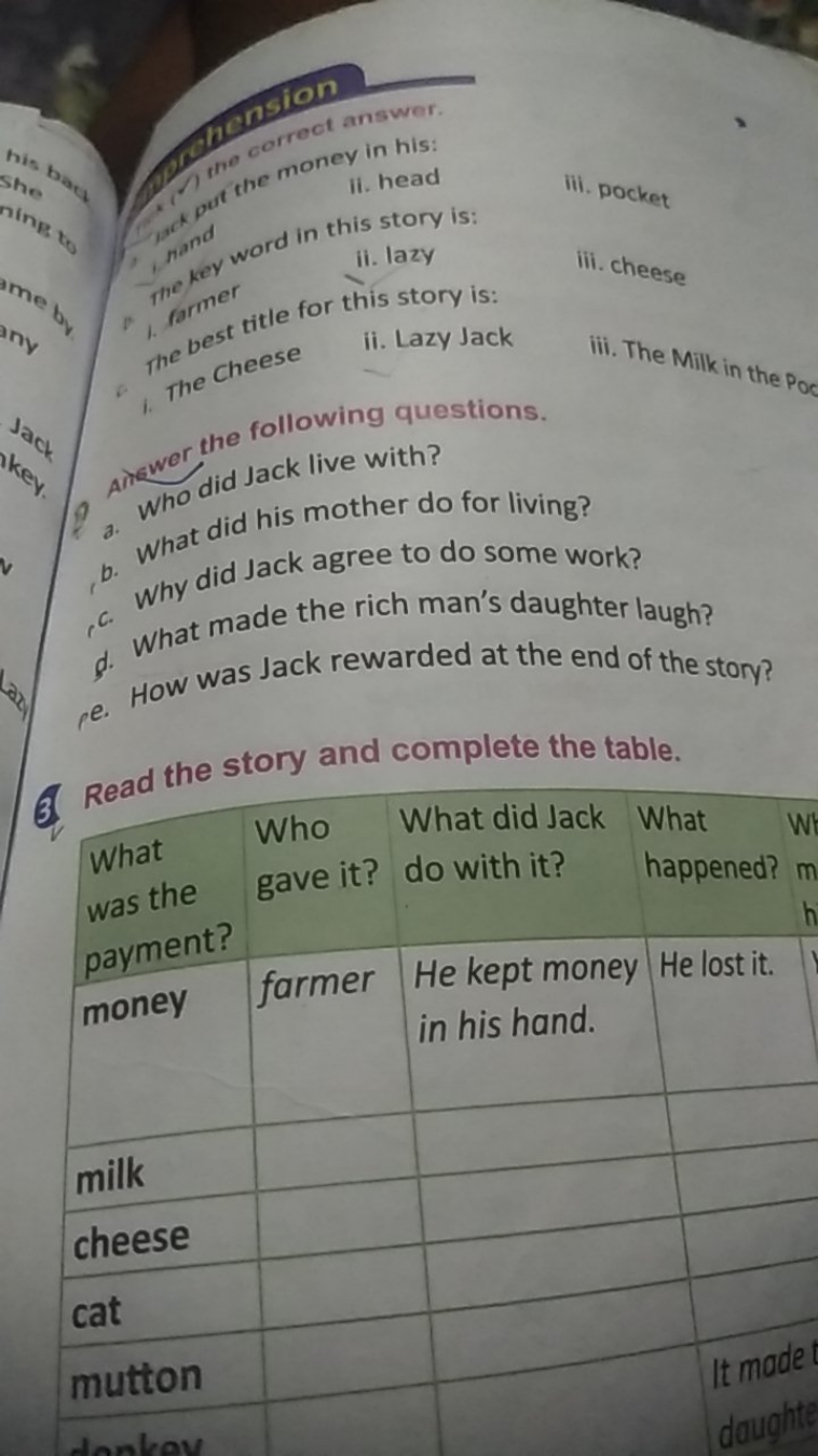 money in his:
il. head
word in this story is:
iii. pocket
ii. lazy
iii