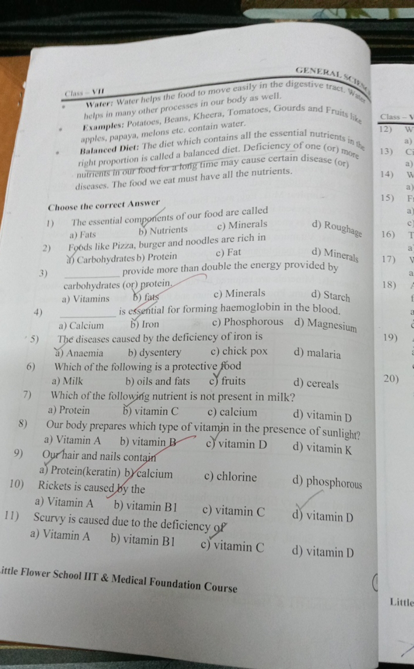 GENERAL scip.
Class VII
Water: Water helps the food to move easily in 