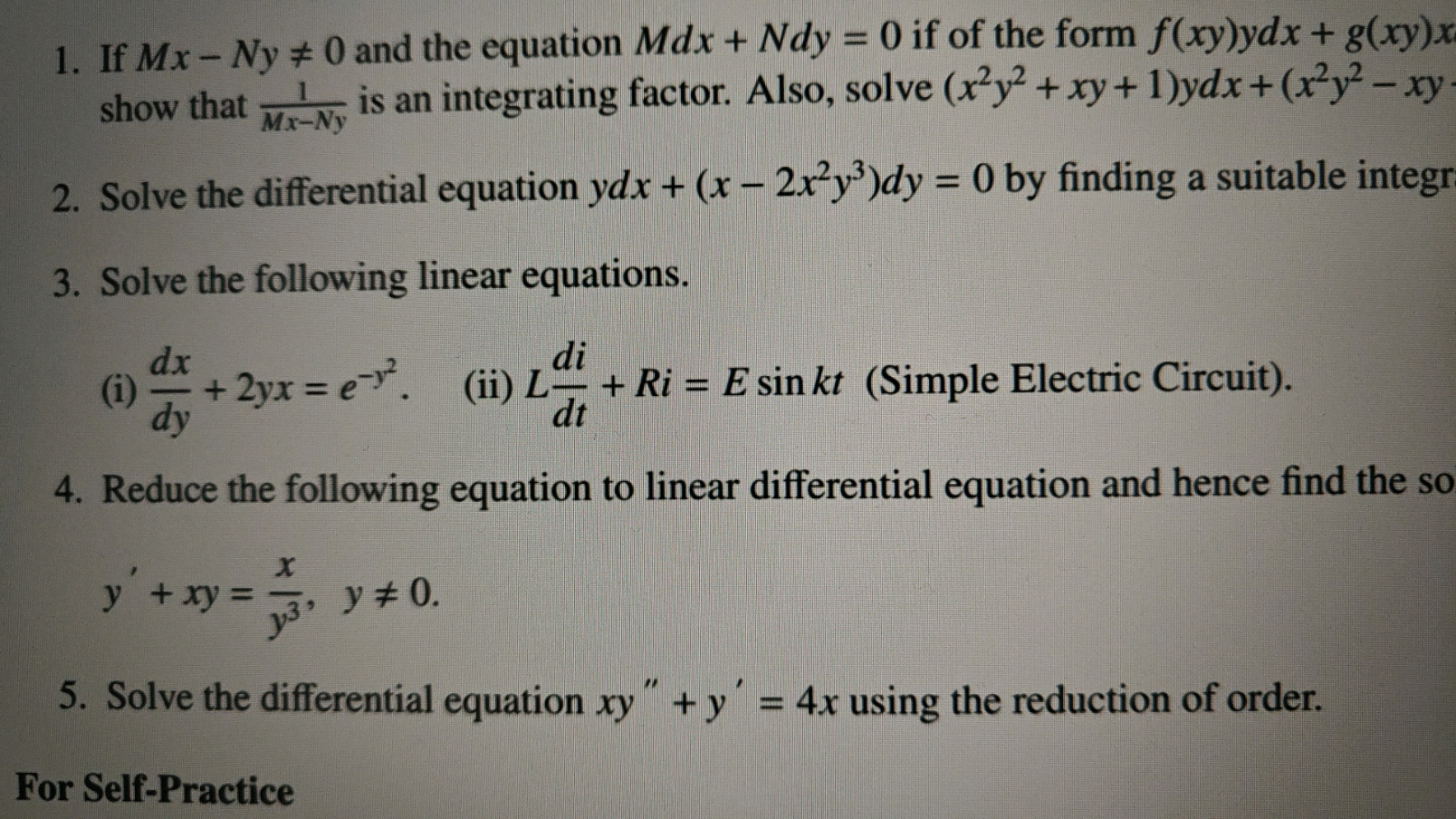 1. If Mx - Ny #0 and the equation Mdx + Ndy = 0 if of the form f(xy)yd