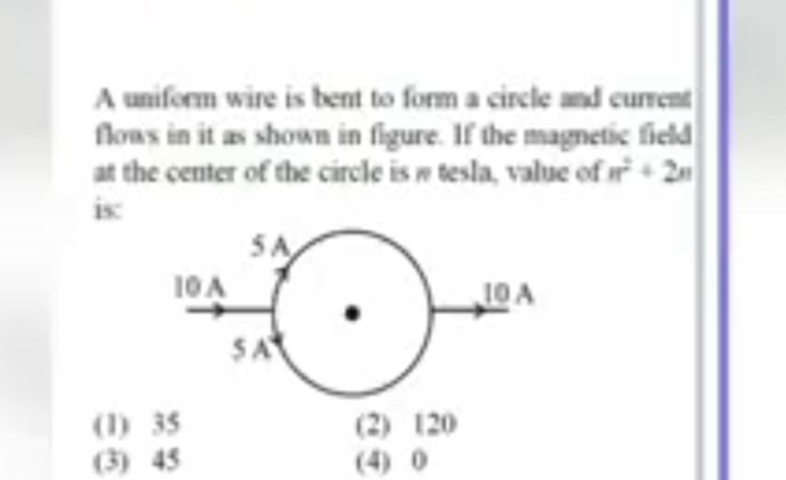 A uniform wire is bent to form a circle and current floas in it as sho