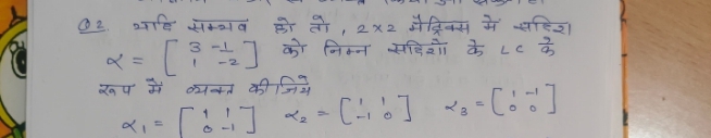 Q2. यदि सम्थव को तो, 2×2 मैट्रिक्स में सहिश। α=[31​−1−2​] को निम्न सदि