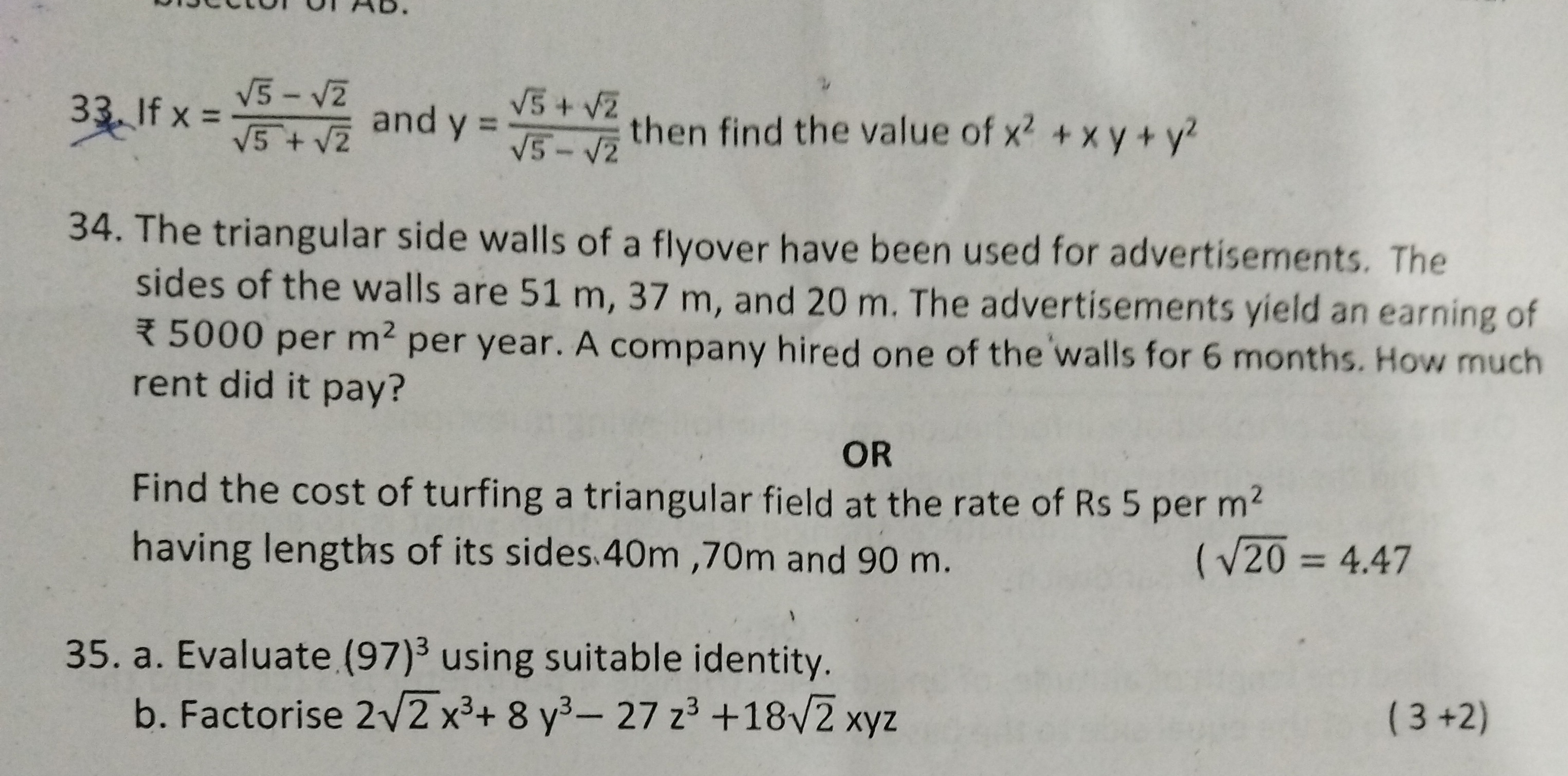 33 If x =
√√5-√√2
√5+ √ and y
√√5+ √√2
y2
√5-√2 then find the value of