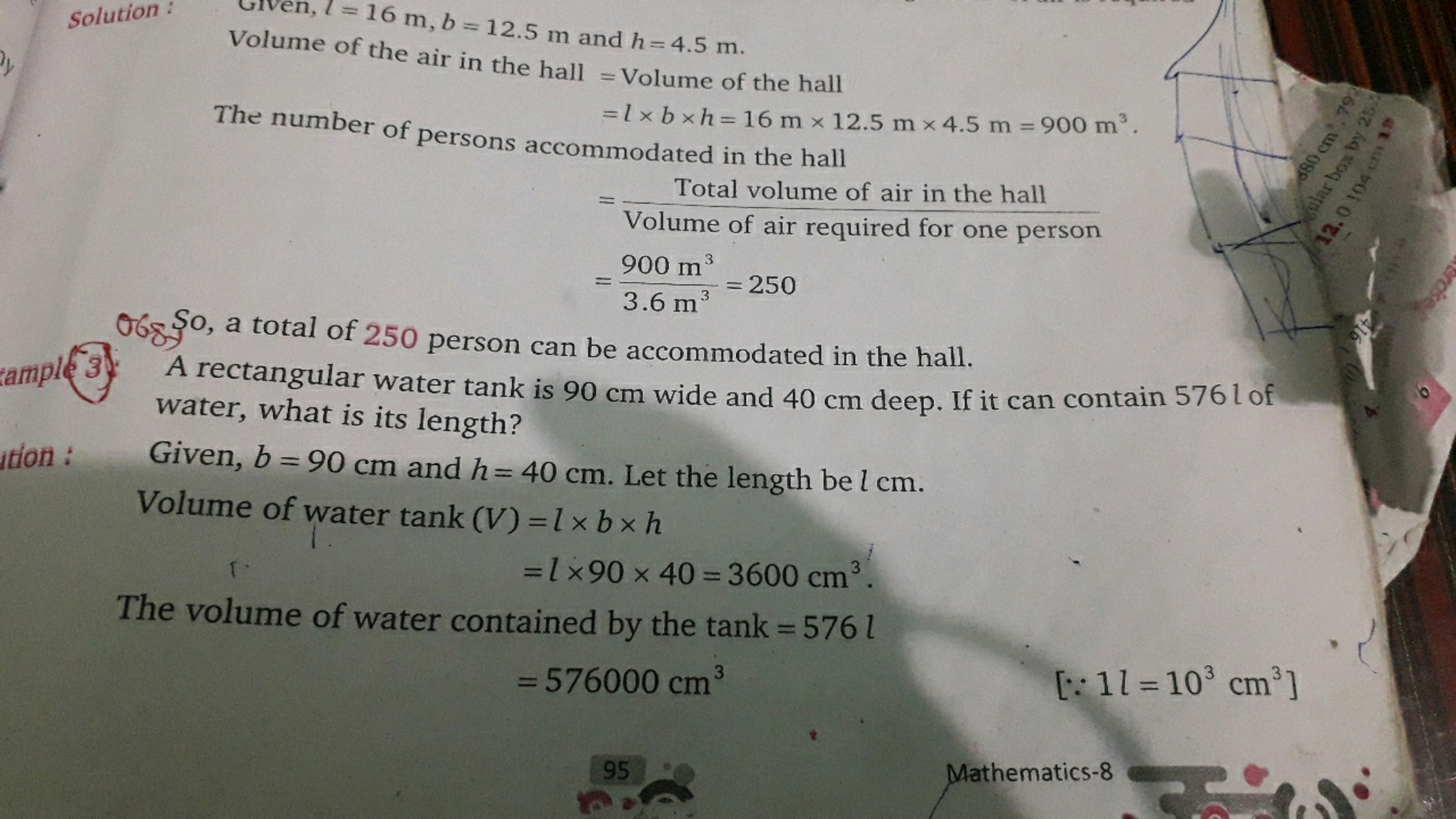 Solution:
1= 16 m, b = 12.5 m and h=4.5 m.
Volume of the air in the ha