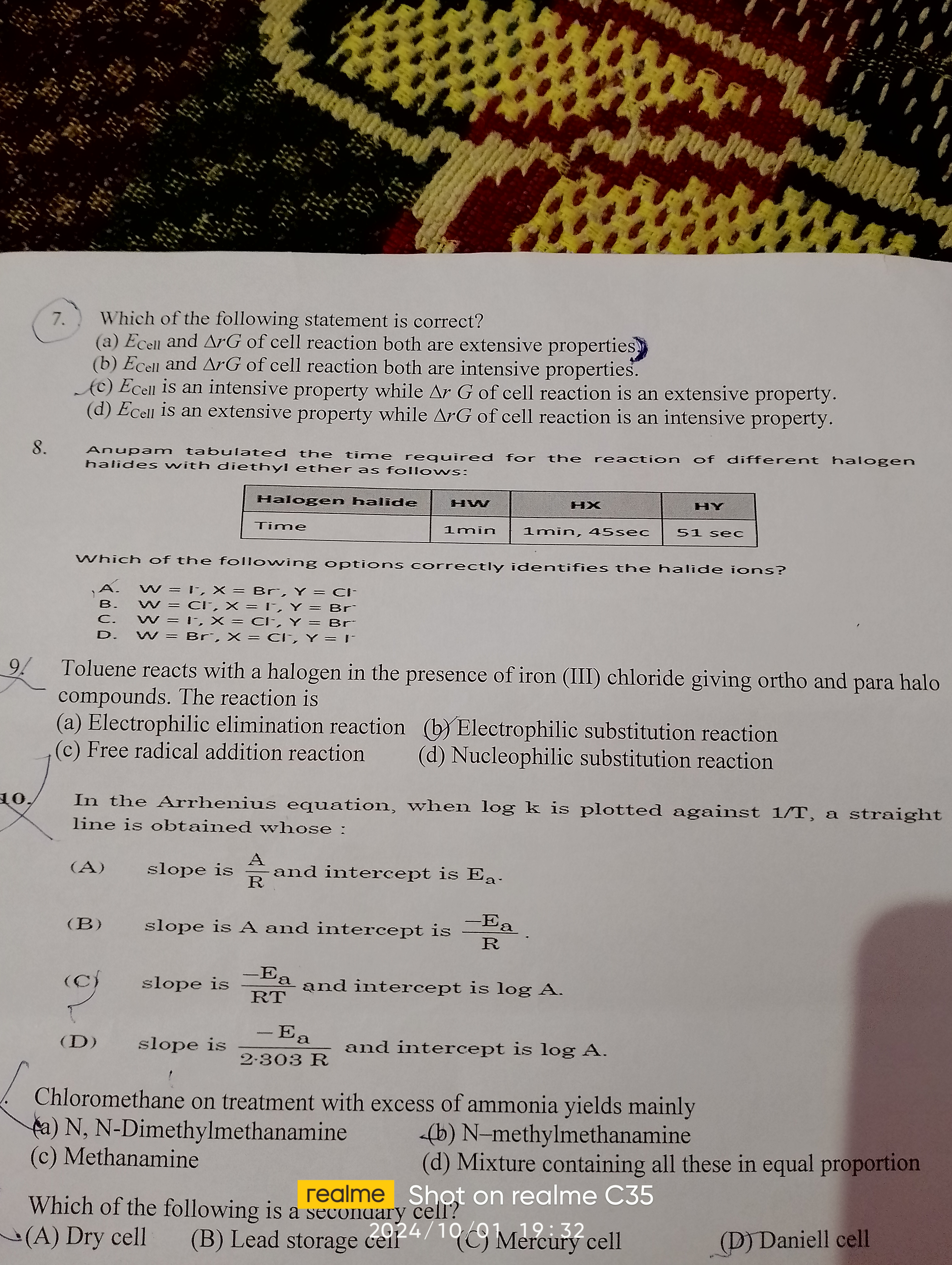 7. Which of the following statement is correct?
(a) Ecell ​ and ΔrG of