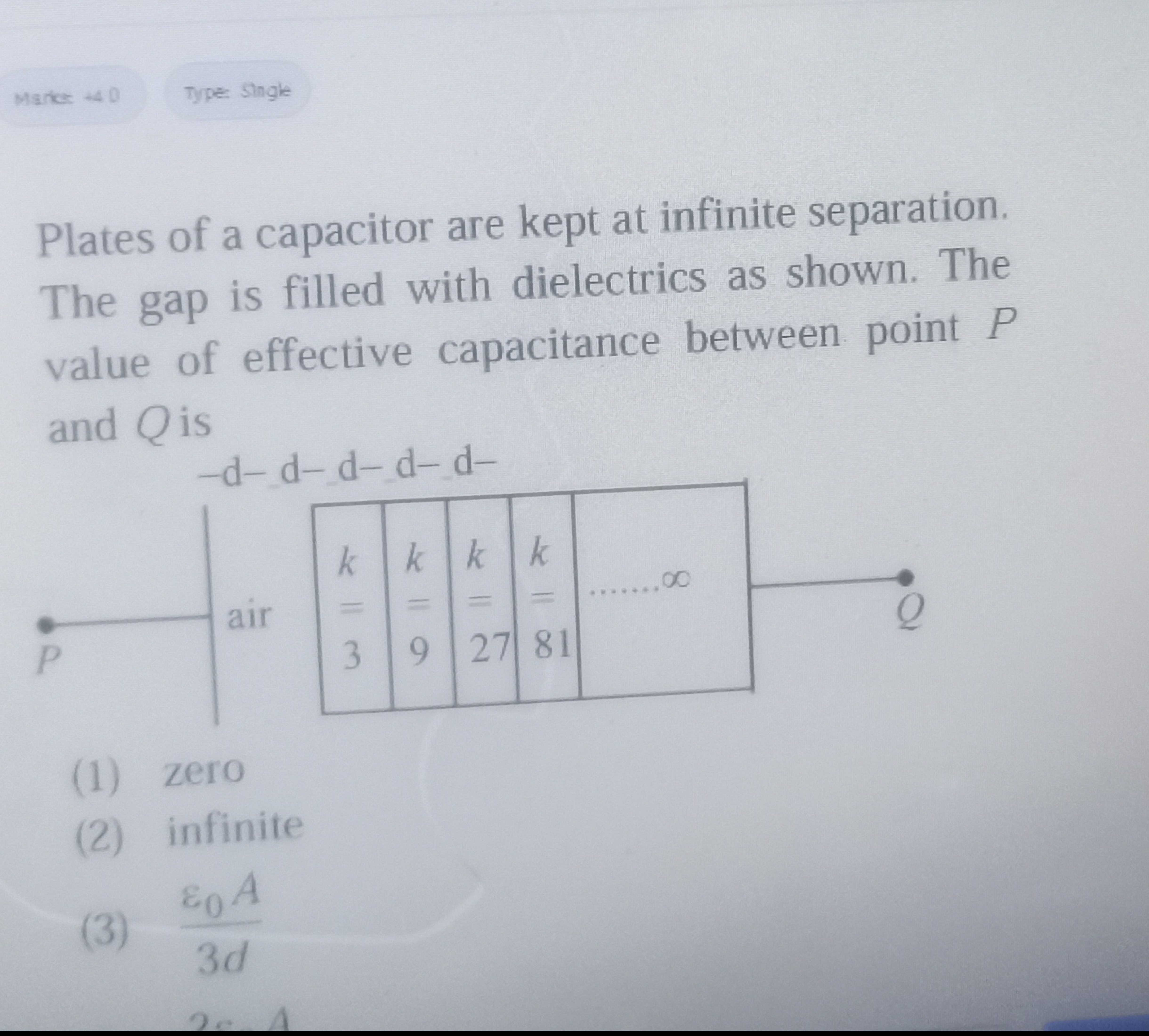 Plates of a capacitor are kept at infinite separation. The gap is fill