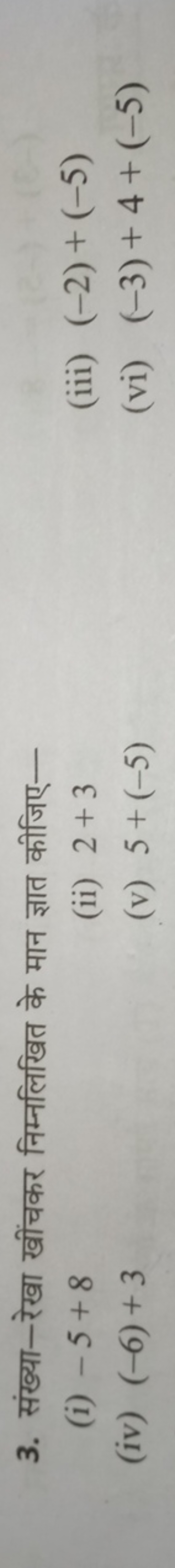 3. संख्या-रेखा खींचकर निम्नलिखित के मान ज्ञात कीजिए-
(i) −5+8
(ii) 2+3