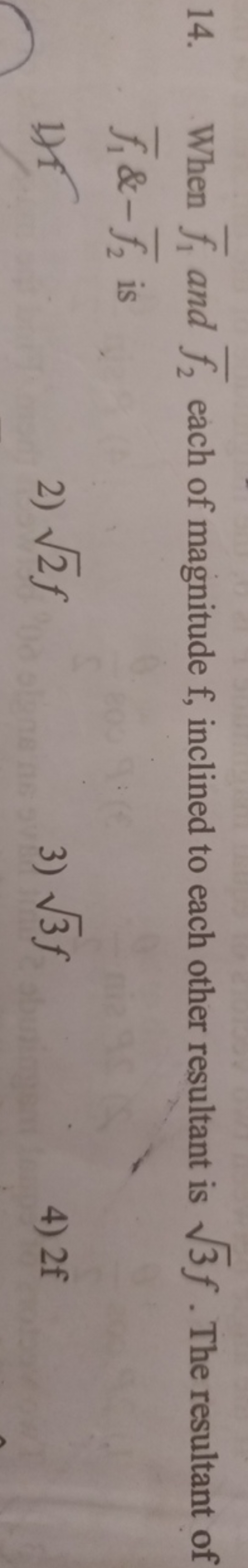 14. When fˉ​1​ and fˉ​2​ each of magnitude f , inclined to each other 