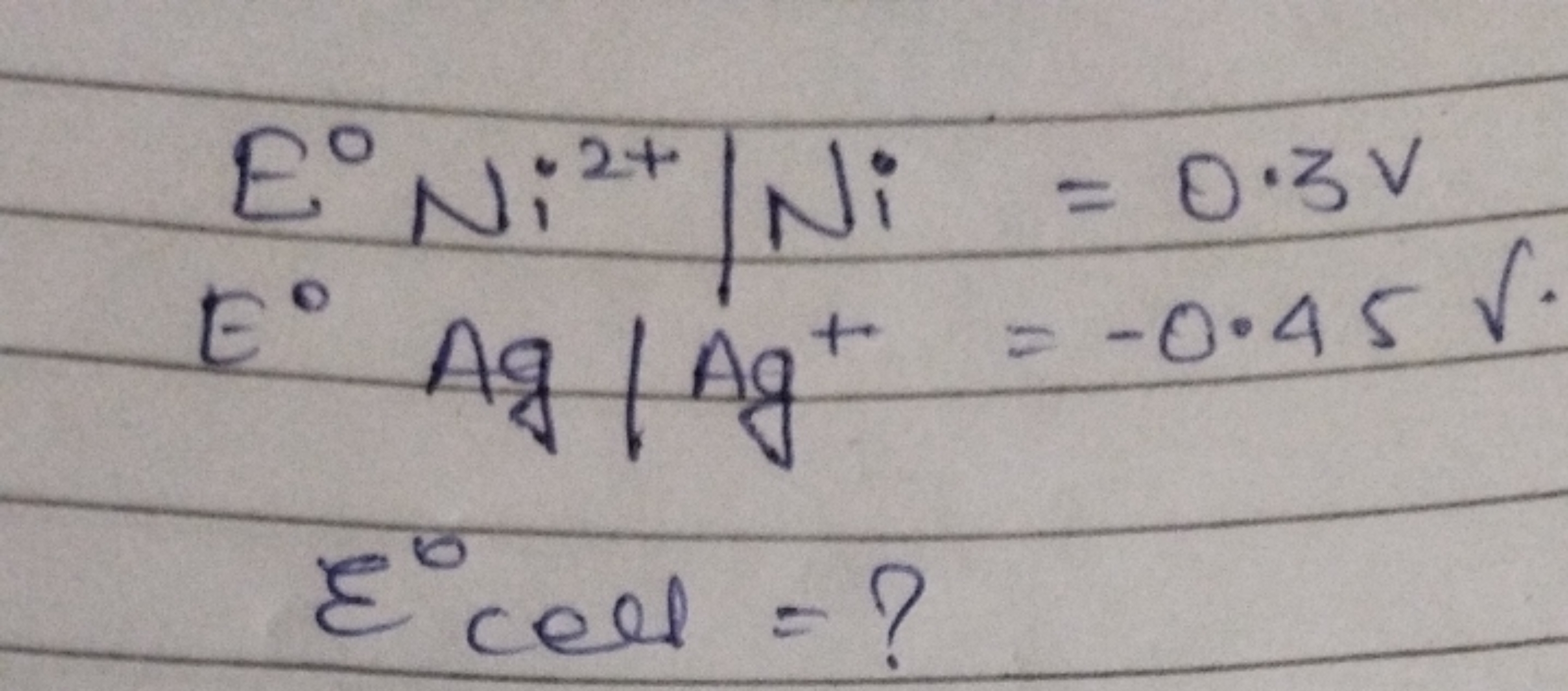 E0Ni2+∣Ni=0.3 VE0Ag∣Ag+=−0.45 V.εcell 0​ce​