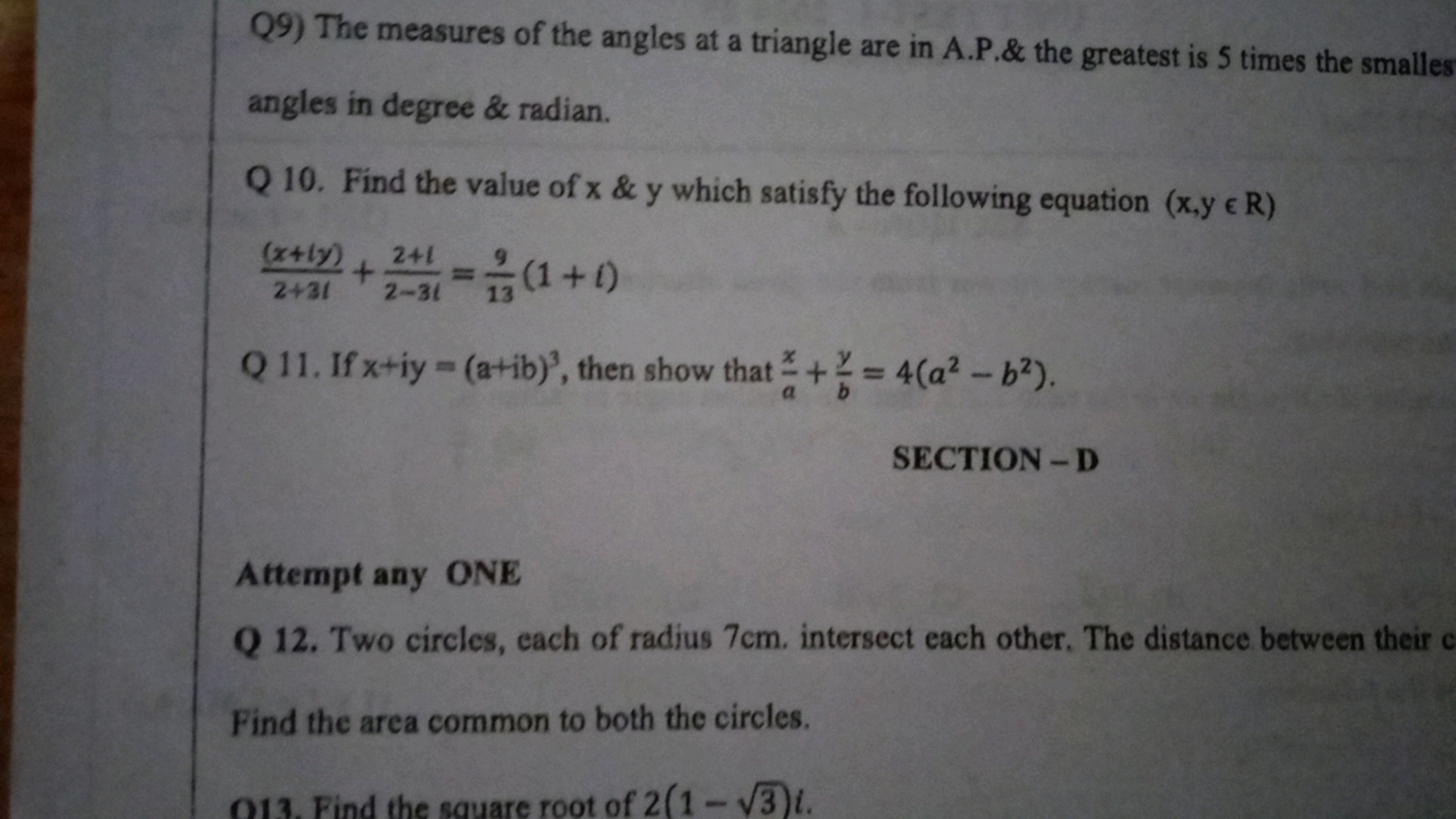 Q9) The measures of the angles at a triangle are in A.P.& the greatest