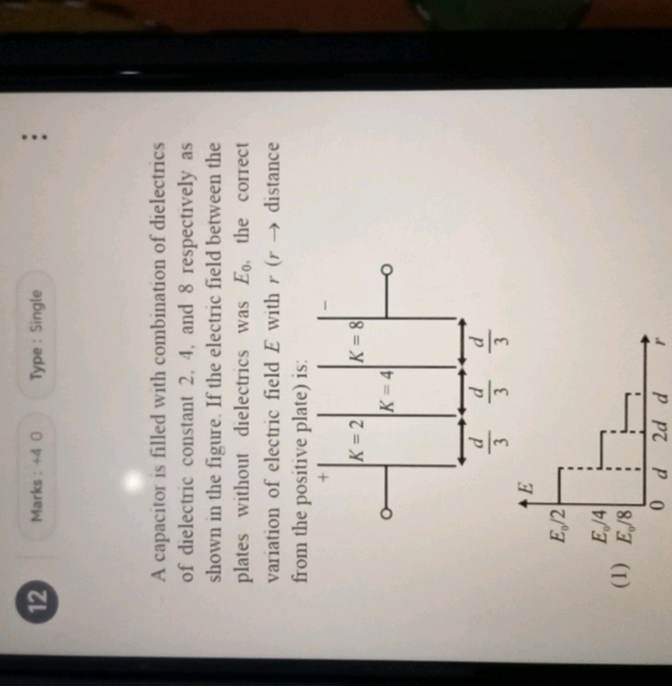 12
Marks: 40
Type : Single

A capacitor is filled with combination of 