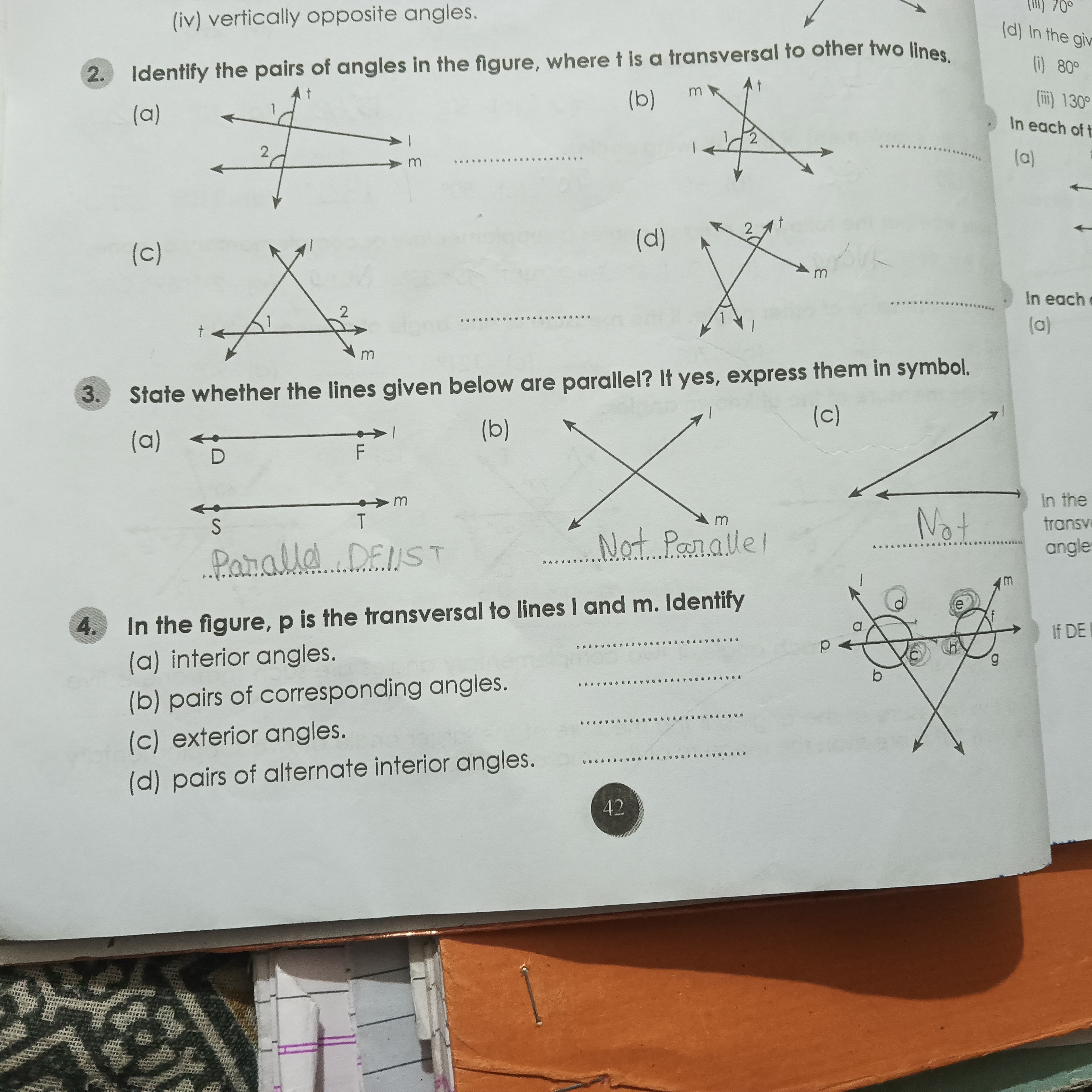 (iv) vertically opposite angles.
2. Identify the pairs of angles in th