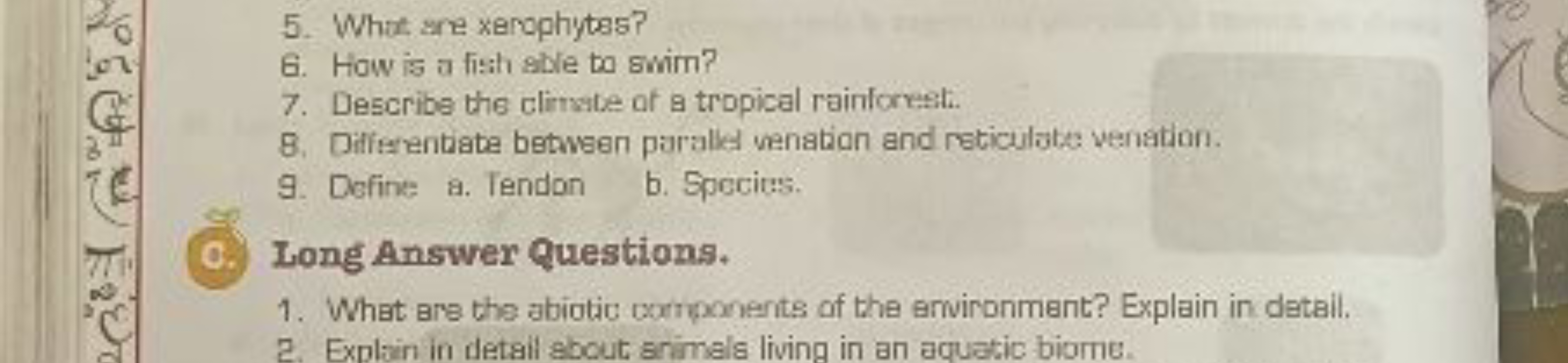 5. Whas are xarophytes?
6. How is a fish able to swim?
7. Describe the