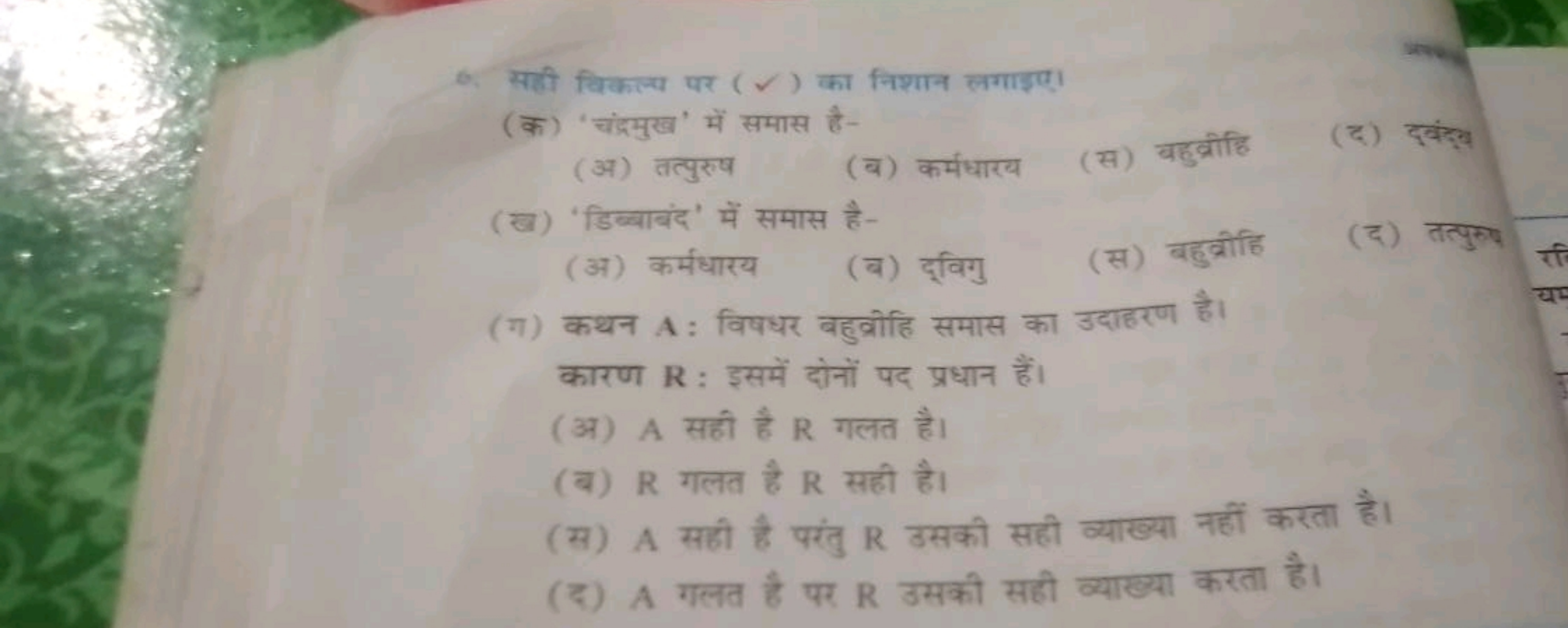 6. सही विकल्प पर ( ✓ ) का निशान लगाइए।
(क) 'चंद्रमुख' में समास है-
(अ)