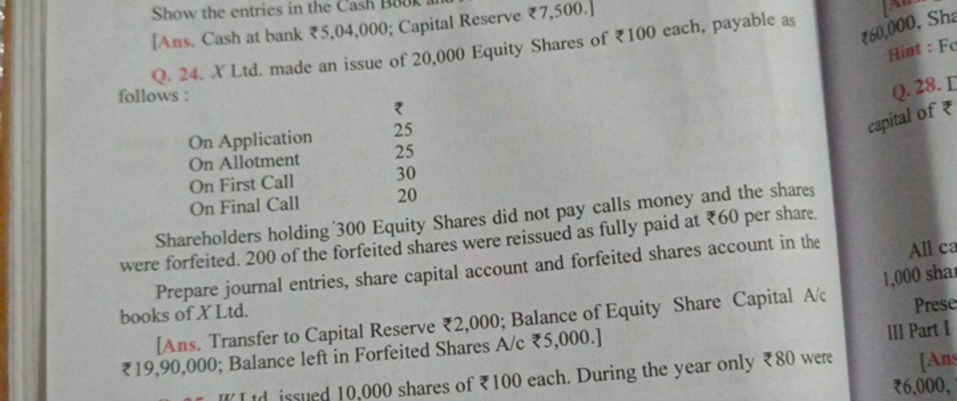 Show the entries in the Cash Boon
[Ans. Cash at bank ₹5,04,000; Capita