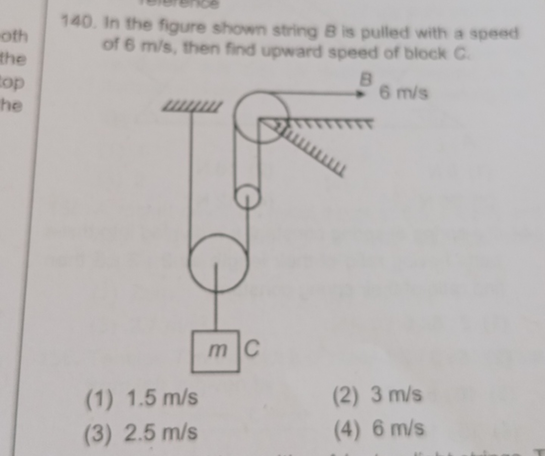 140. In the figure shown string B is puiled with a speed of 6 m/s, the