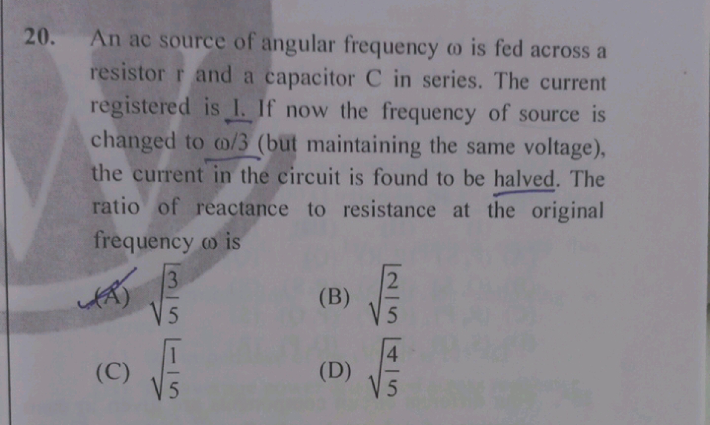 20. An ac source of angular frequency ω is fed across a resistor r and