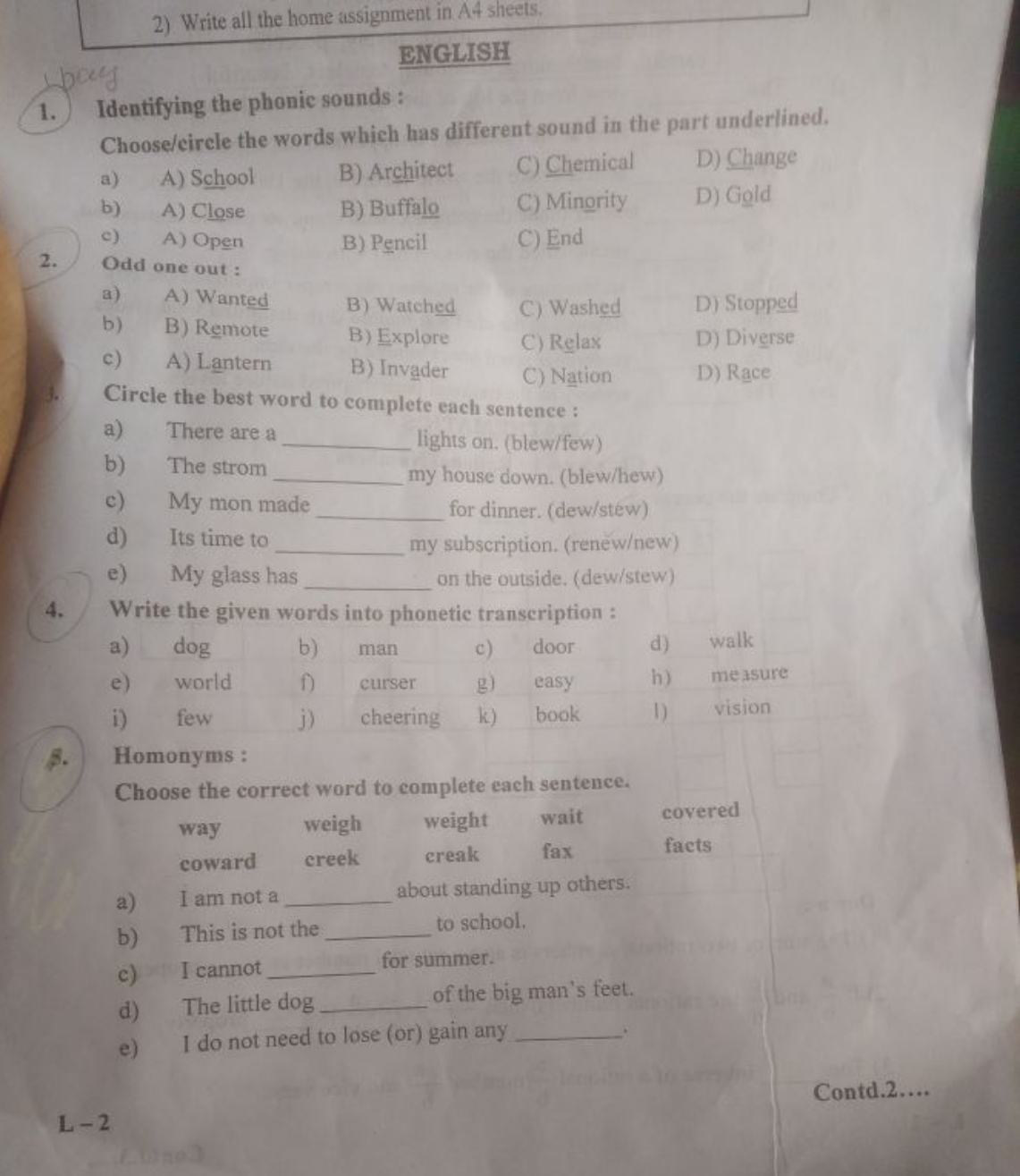 2) Write all the home assignment in A4 sheets.

ENGLISH
1. Identifying