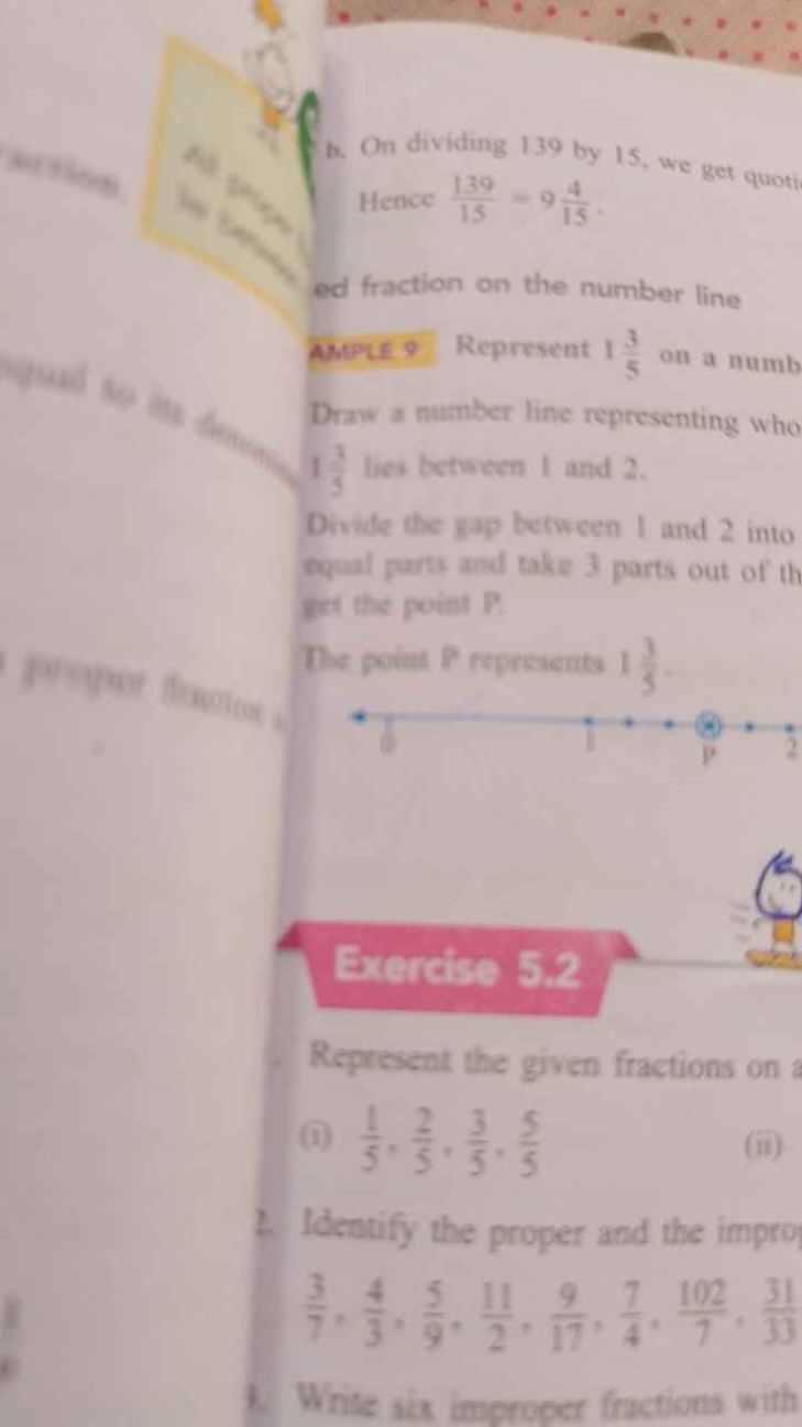 b. On dividing 139 by 15 , we get quoti Hence 15139​=9154​.
ed fractio