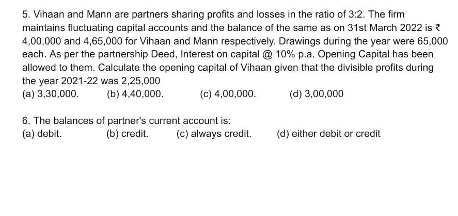 5. Vihaan and Mann are partners sharing profits and losses in the rati