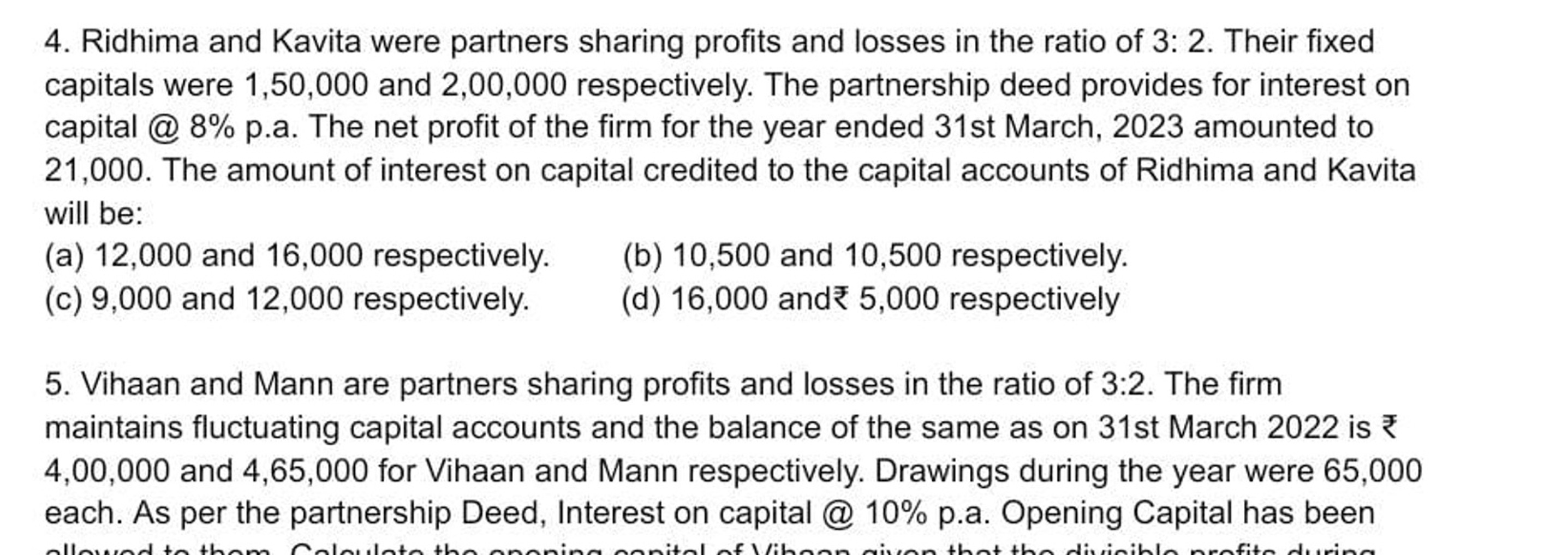 4. Ridhima and Kavita were partners sharing profits and losses in the 