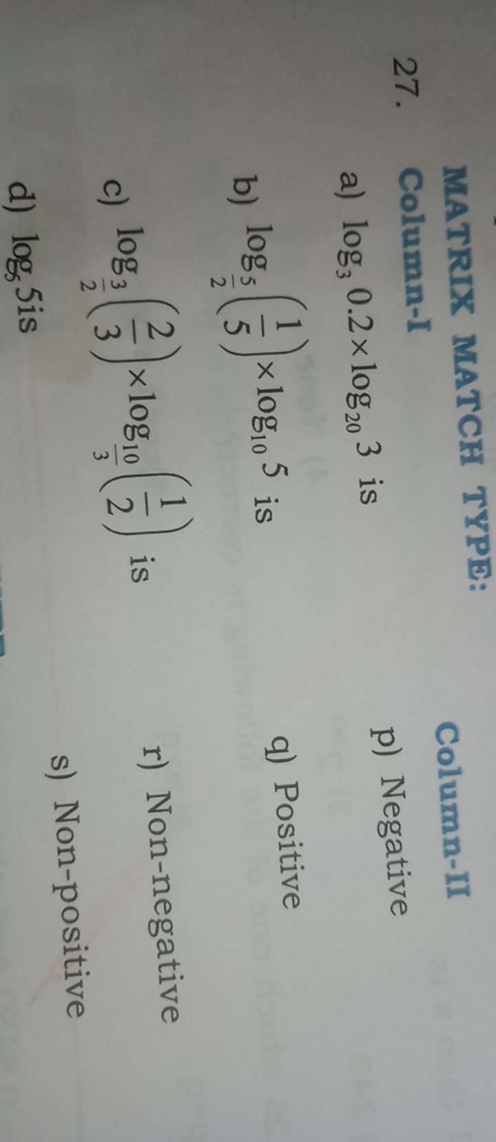 MATRIX MATCH TYPE:
27. Column-I

Column-II
a) log3​0.2×log20​3 is
p) N