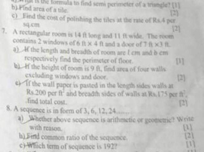 b) Pind area of a tile.
to find semi perimeter of a tringle? [1]
c)
7.