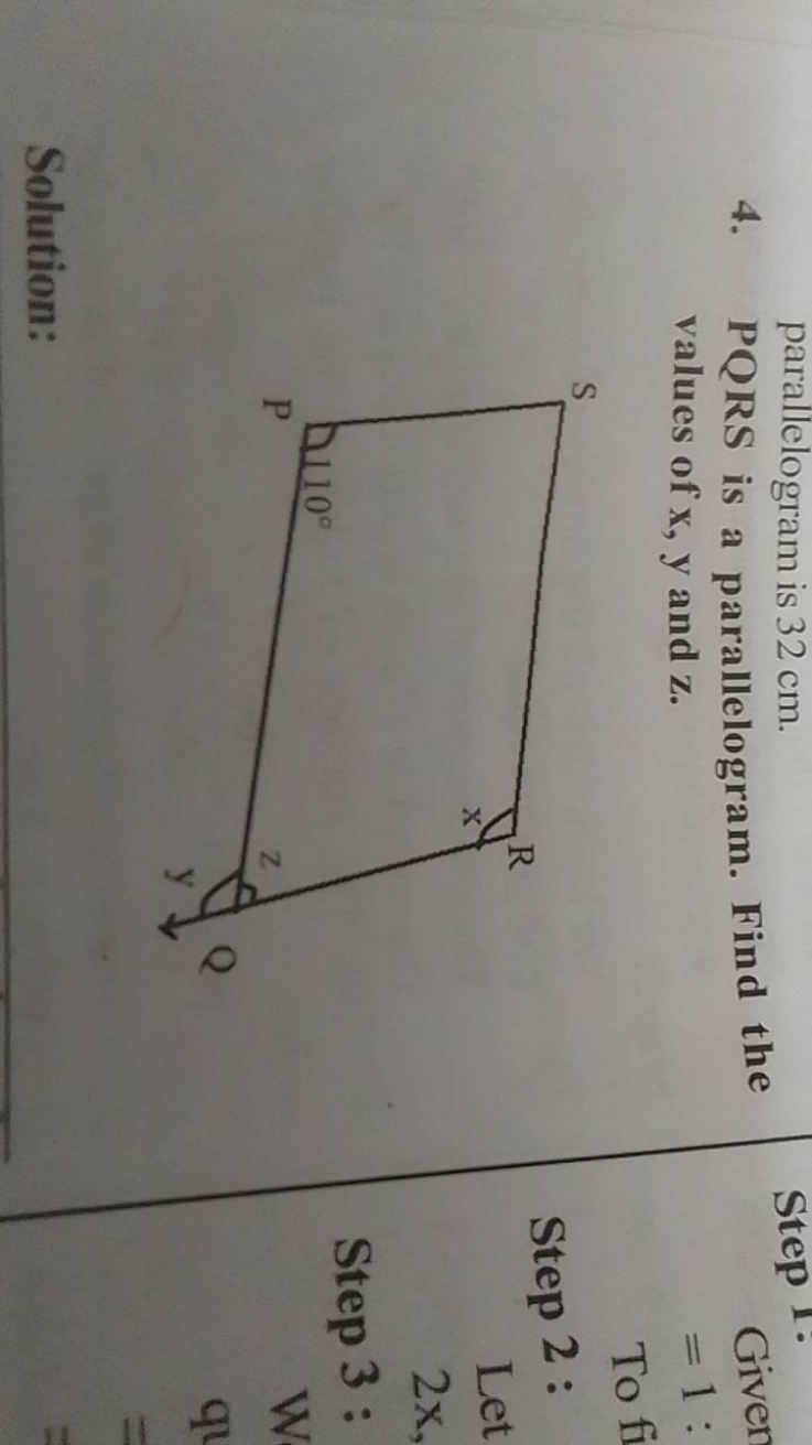 4. PQRS is a parallelogram. Find the values of x,y and z.

Solution: