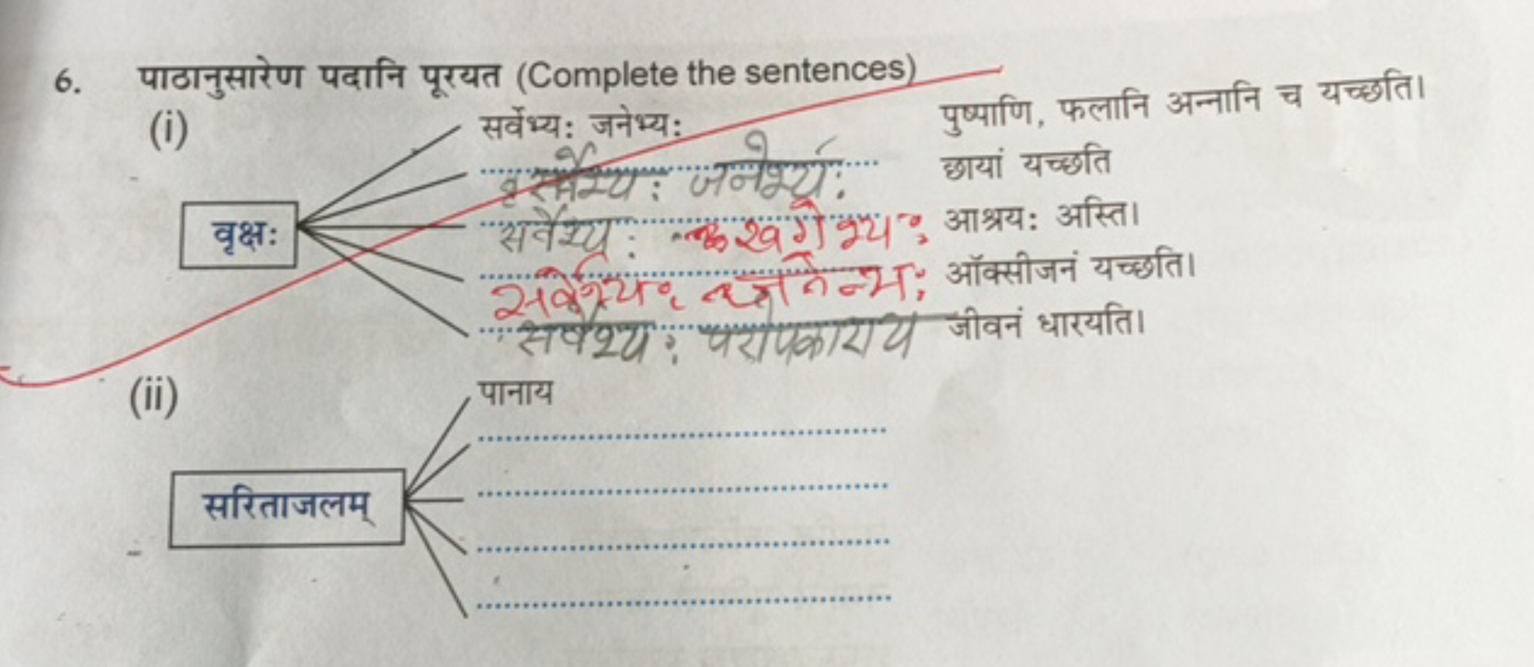 6. पाठानुसारेण पदानि पूरयत (Complete the sentences)

सर्वेभ्य: जनेभ्य: