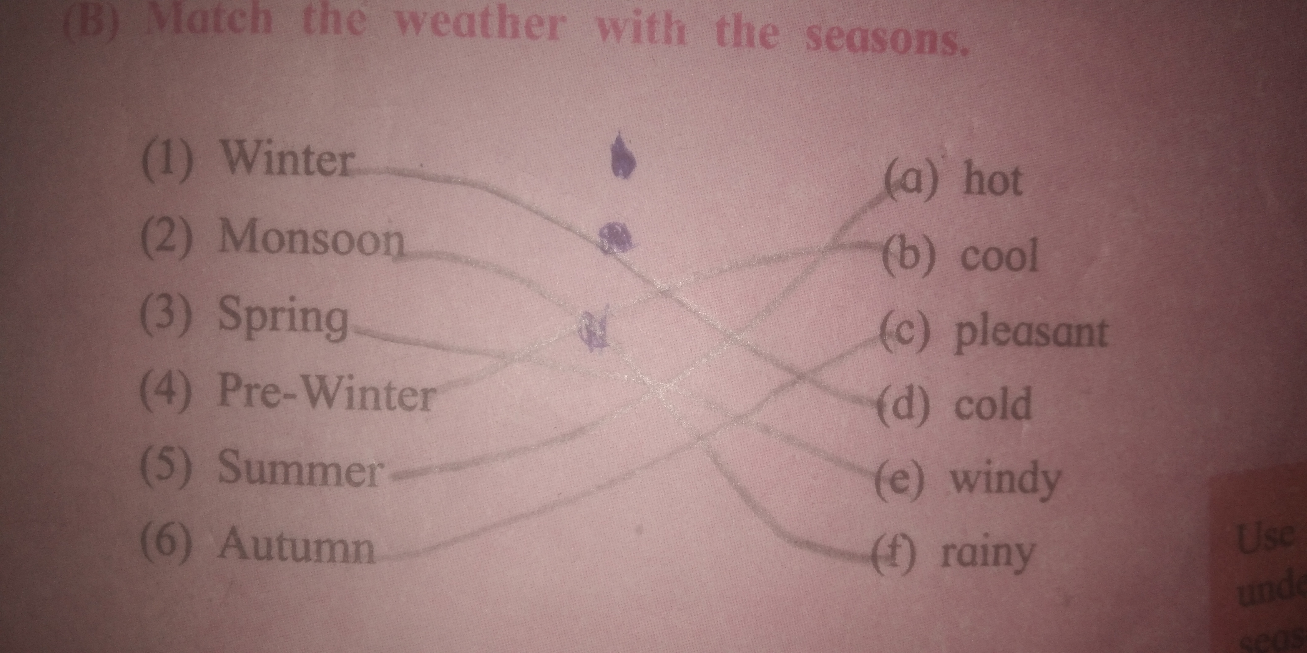 (B) Match the weather with the seasons.
(1) Winter
(a) hot
(2) Monsoon