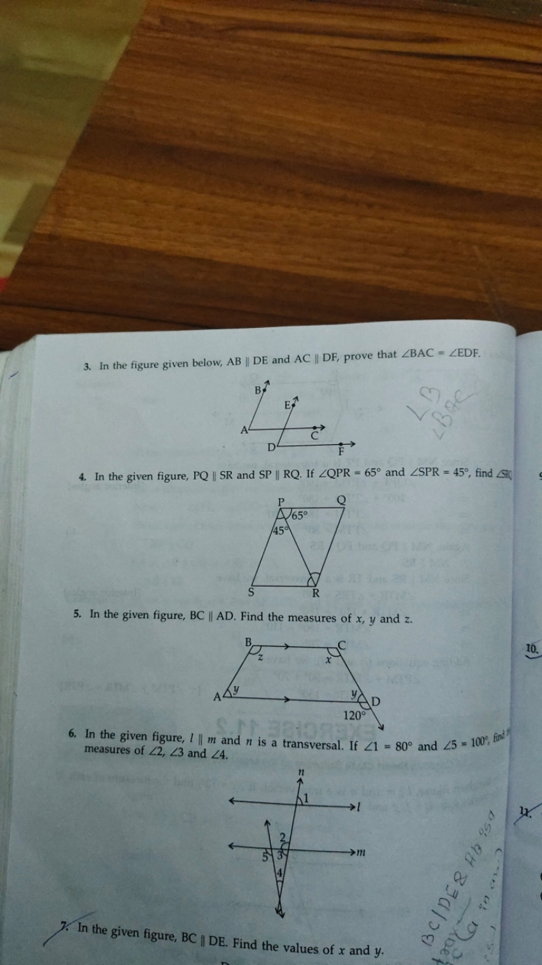 3. In the figure given below, AB∥DE and AC∥DF, prove that ∠BAC=∠EDF.
4