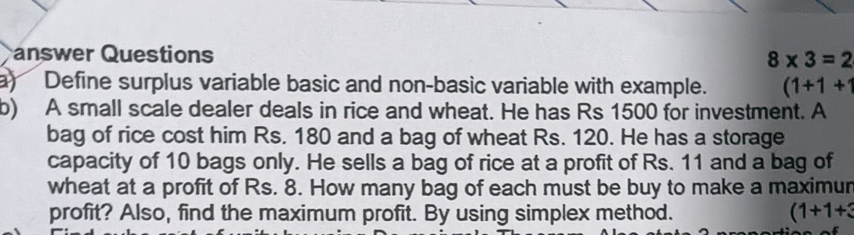 answer Questions
a) Define surplus variable basic and non-basic variab