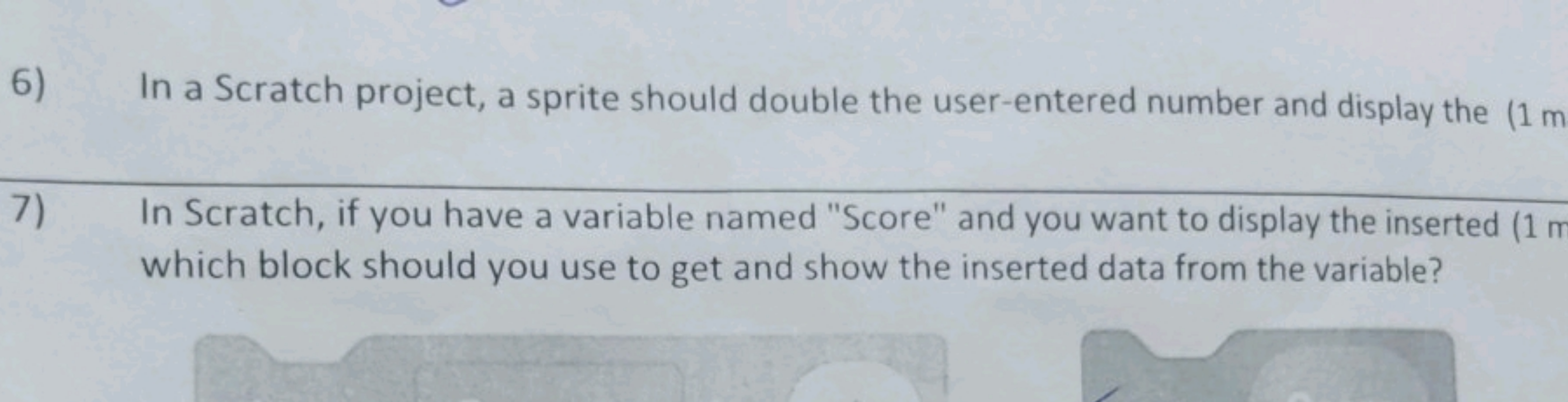 6)
In a Scratch project, a sprite should double the user-entered numbe